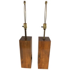 Pair of Masculine Walnut Block Form Mid-Century Modern Table Lamps