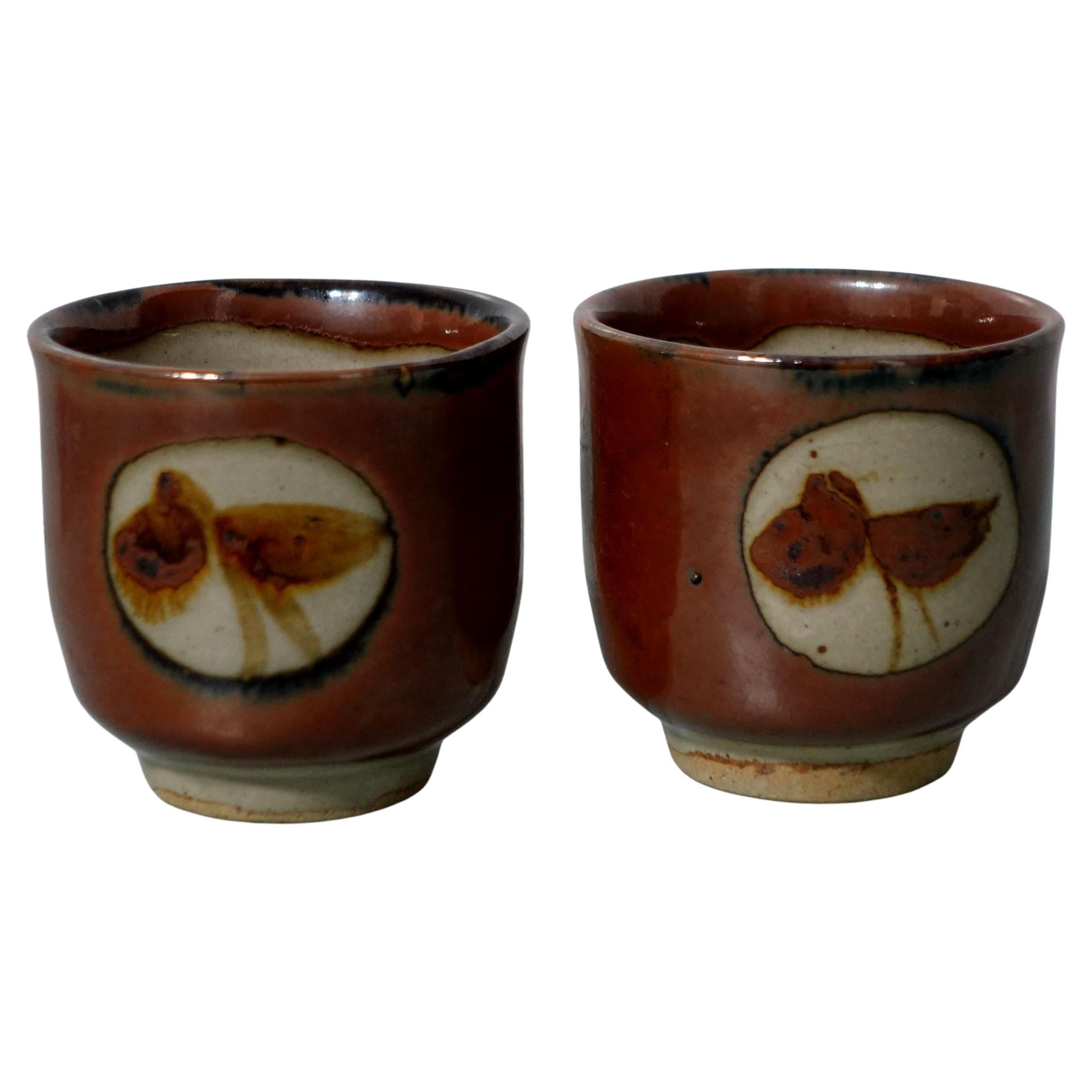 Paar Mashiko Yaki Japanische Mid-Century Studio Pottery Yunomi Töpferwaren im Angebot