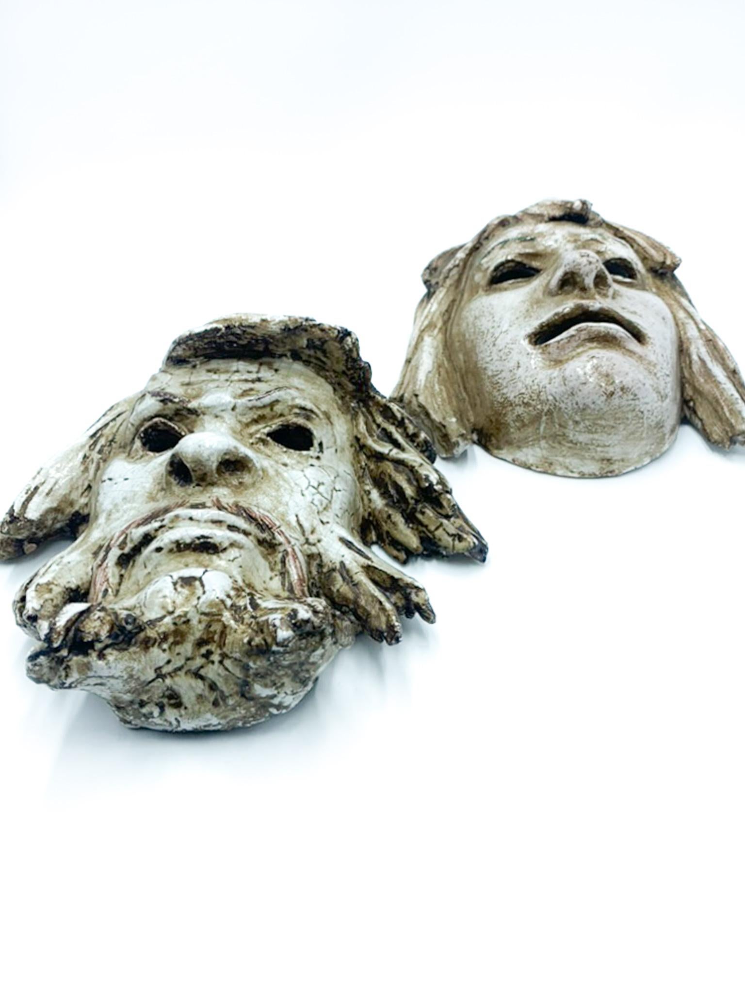 Italian Pair of Masks Sculpted in Terracotta by Roberto Rigon, 1960s For Sale