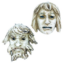 Vintage Pair of Masks Sculpted in Terracotta by Roberto Rigon, 1960s