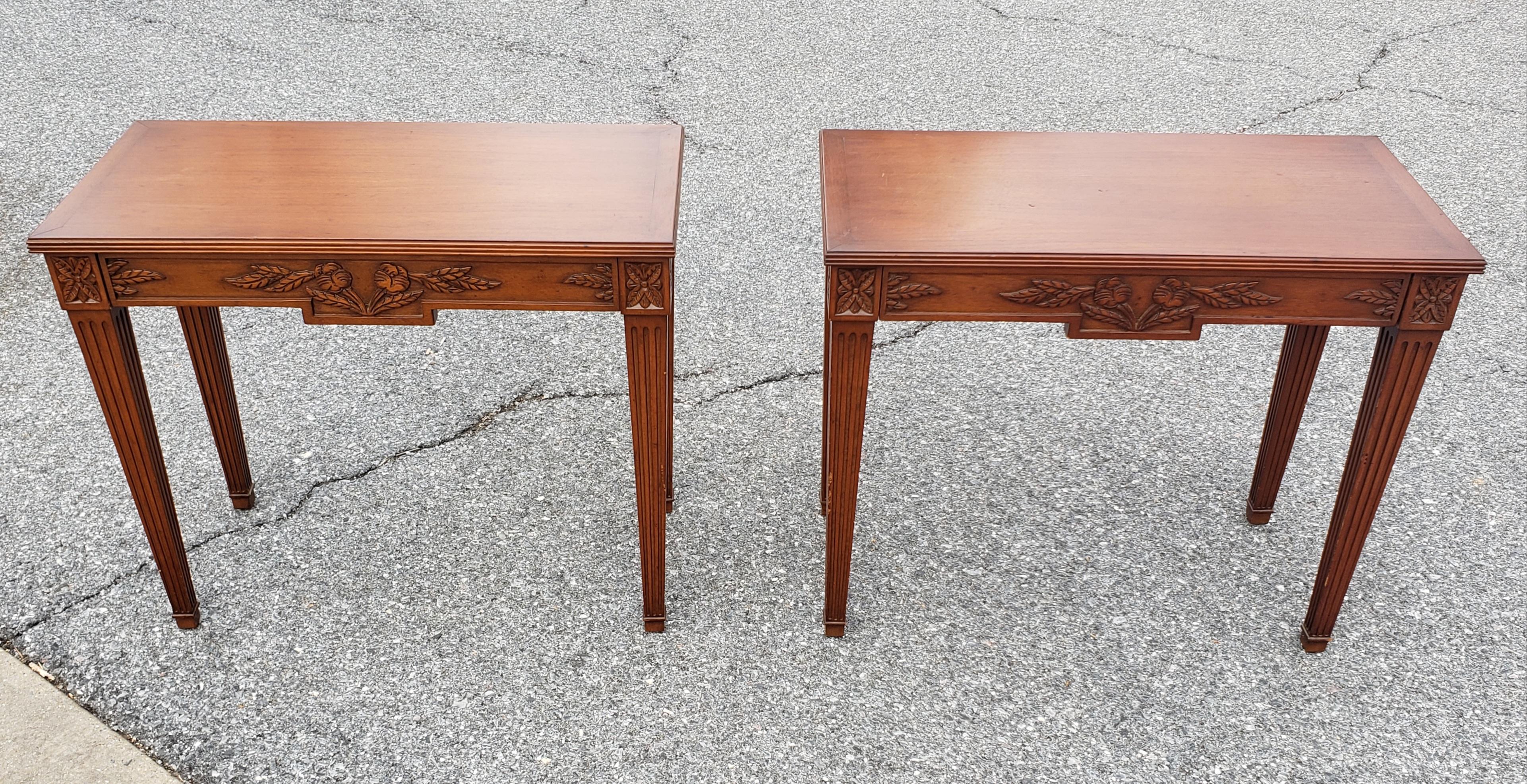 Rare amazing pair of Maslow Freen Louis XVI style single drawer side tables with amazing flower hand carvings. Finished on all sides and rear. Wide drawer and cannelure leg. Hand carved on all sides.
 