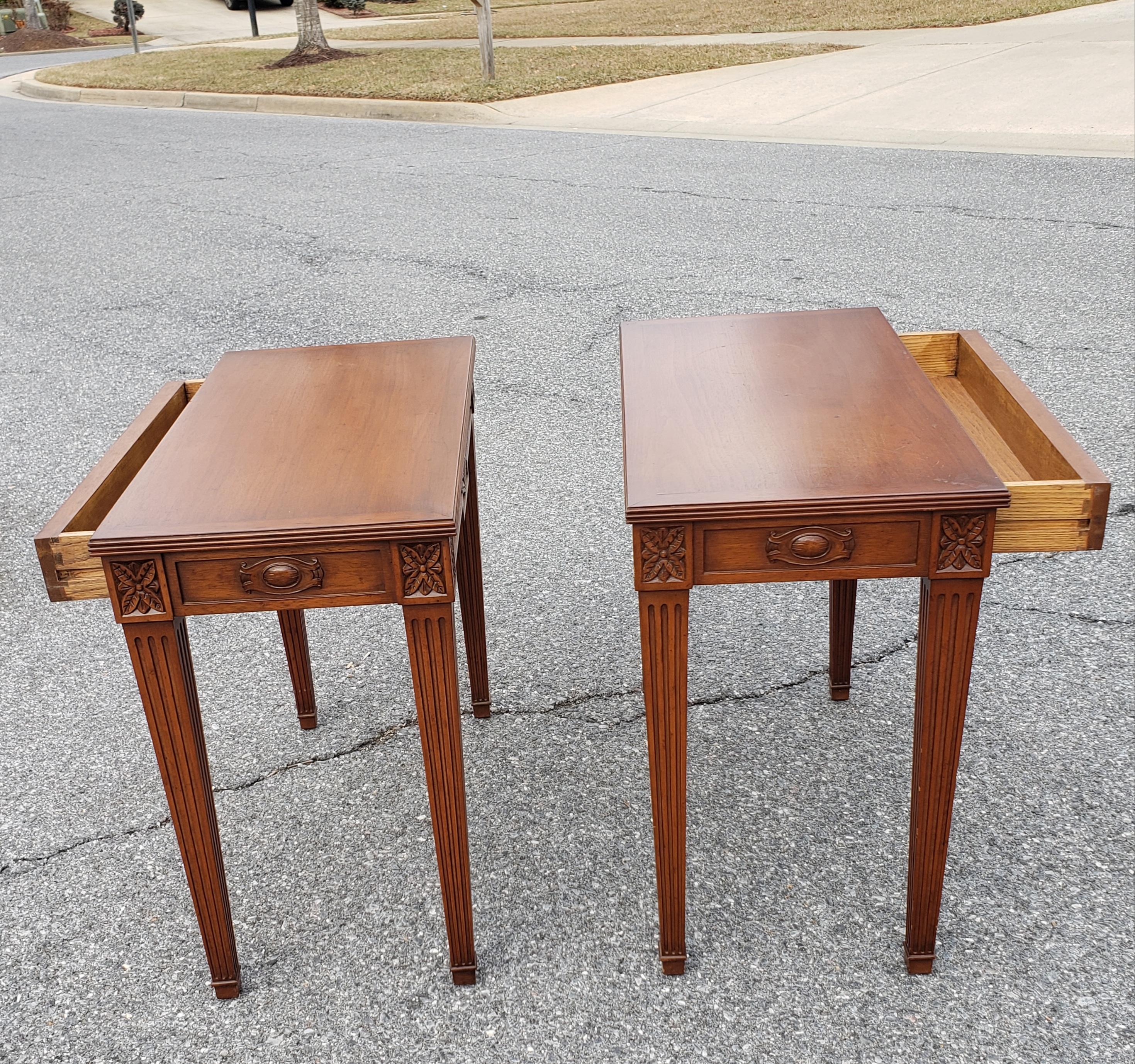 Walnut Pair of Maslow Freen Louis XVI Style Handcarved Carved Single Drawer Side Tables For Sale