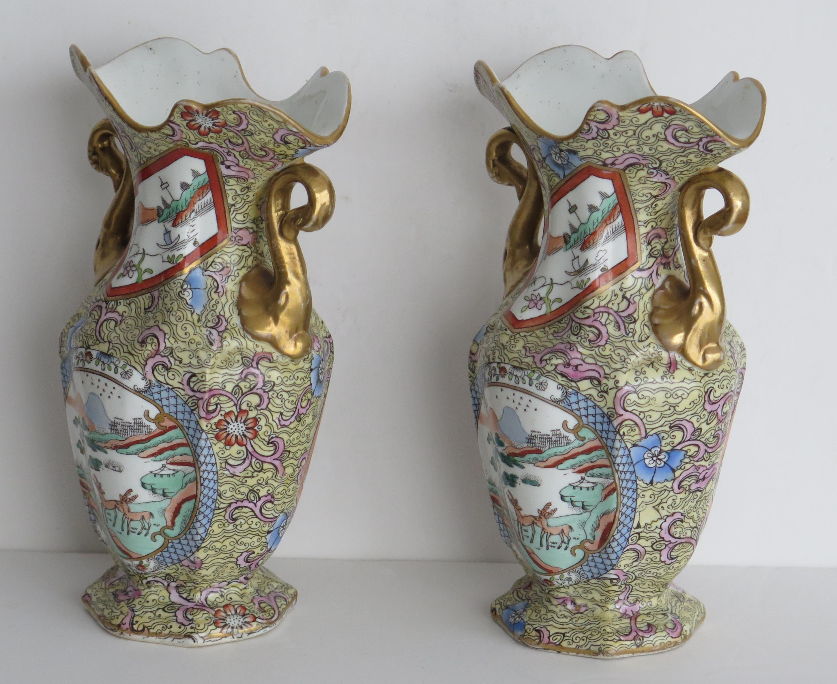 Hand-Painted Pair of Mason's Ironstone Twin Handled Vases in Chinoiserie Pattern, circa 1820