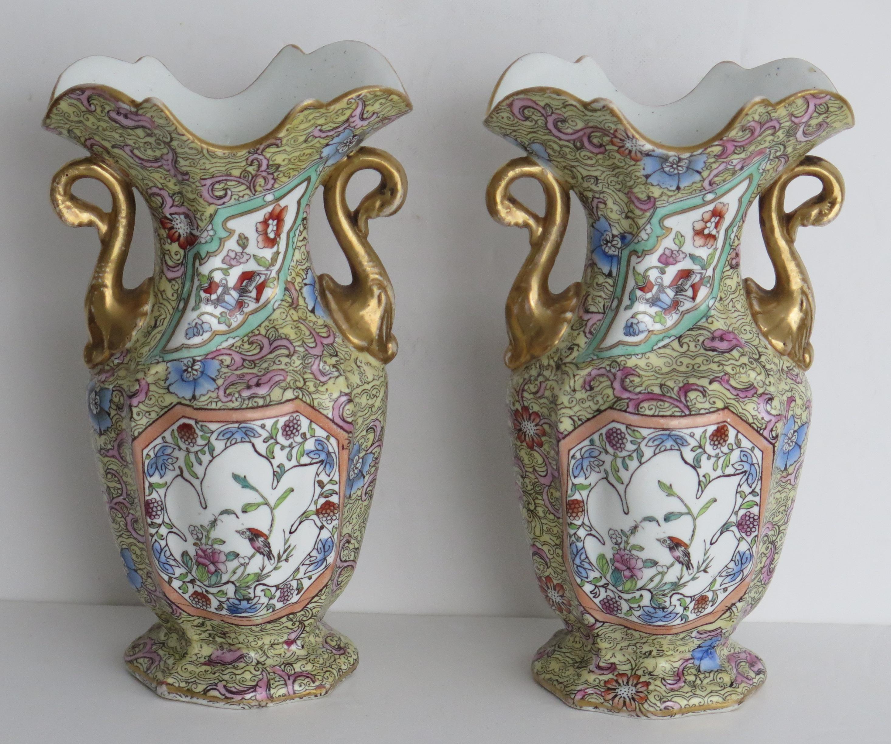 19th Century Pair of Mason's Ironstone Twin Handled Vases in Chinoiserie Pattern, circa 1820