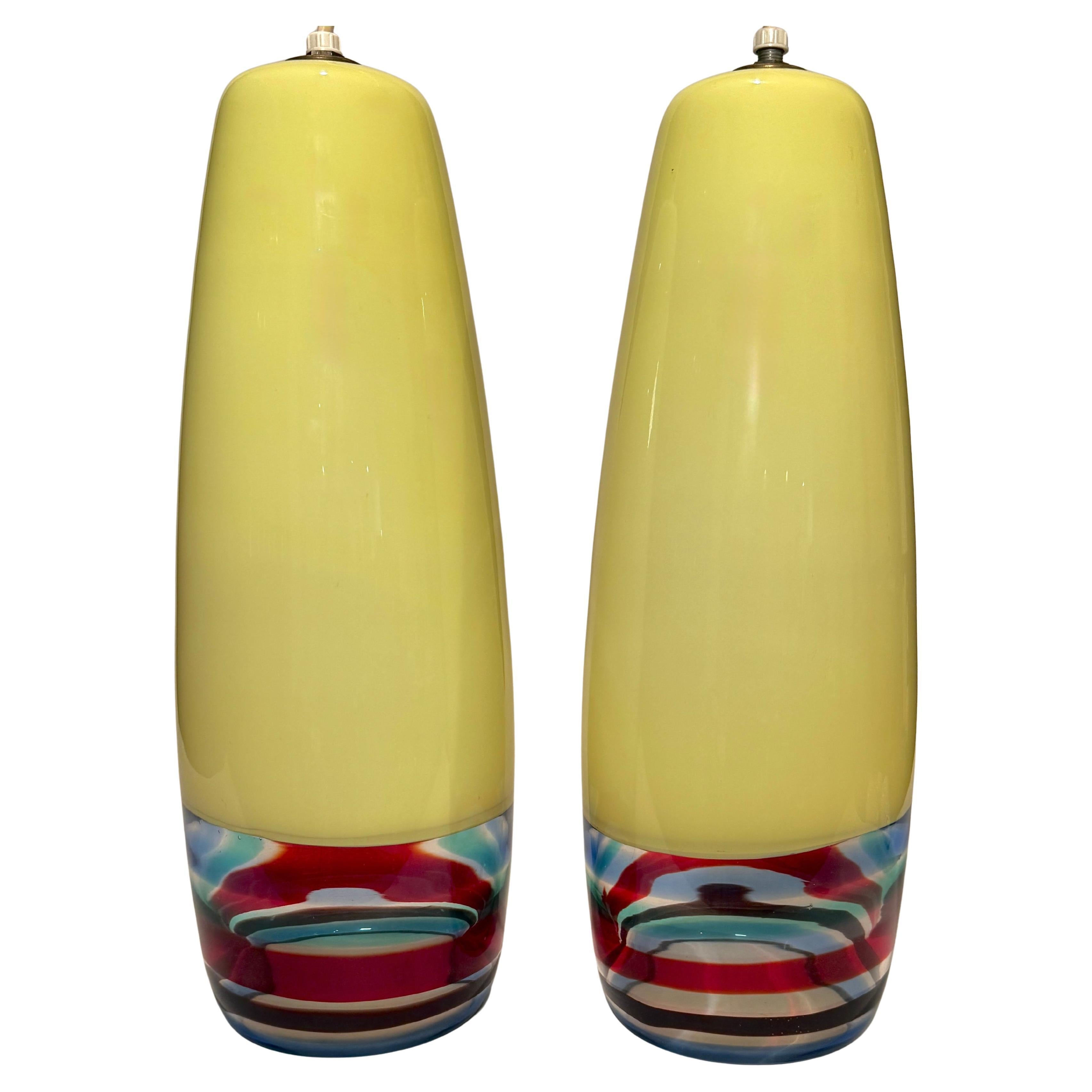 Pair Of Massimo Vignelli for Venini Multicolor Glass Pendant Lights For Sale