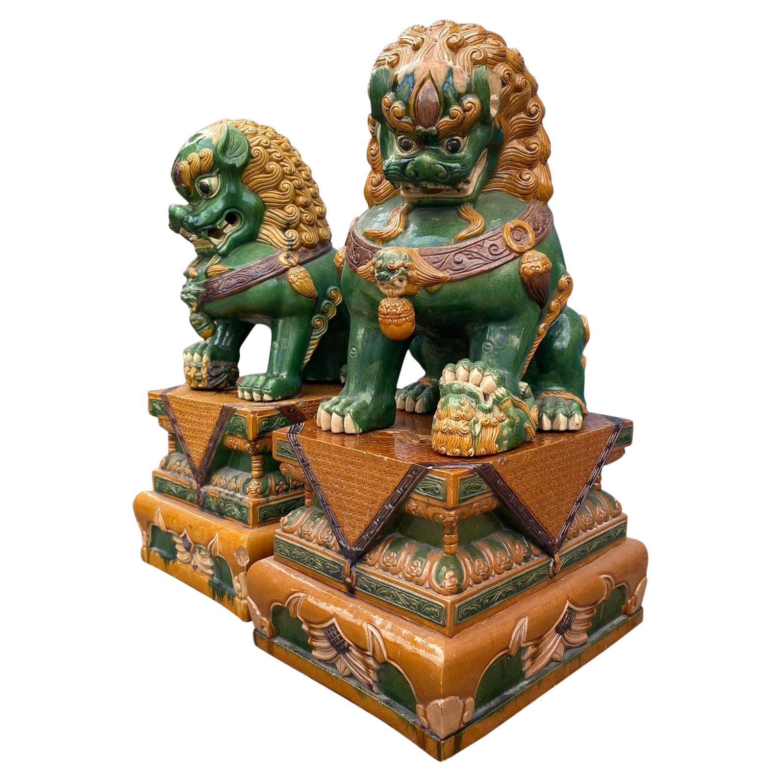 Pair of Massive 20th Century Oriental Ceramic Foo Dogs or Temple Lions For Sale