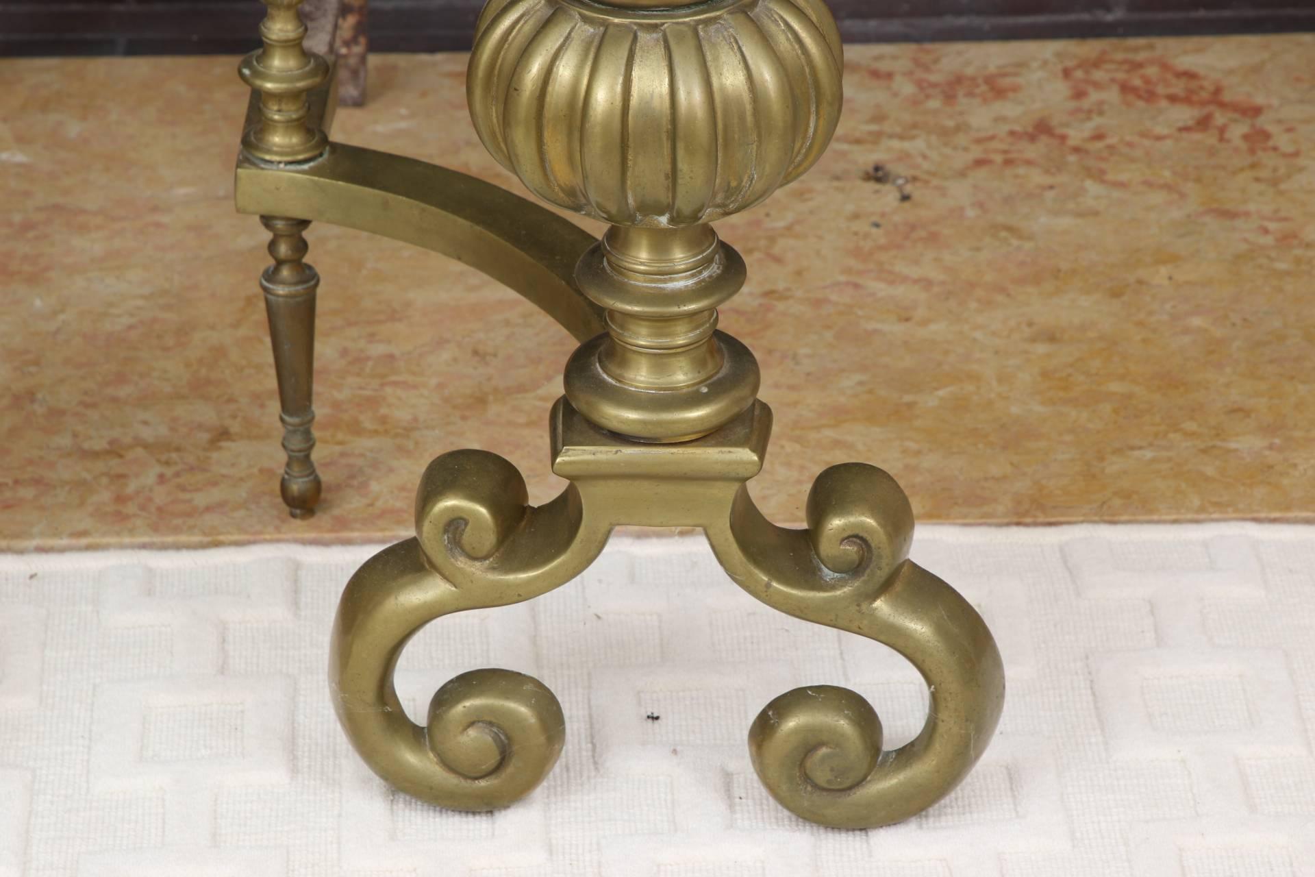 Triple lobed forms with ball finials, raised on scrolled legs. Curved footed arms at the back with finials and attached to long iron rods. Good patina.