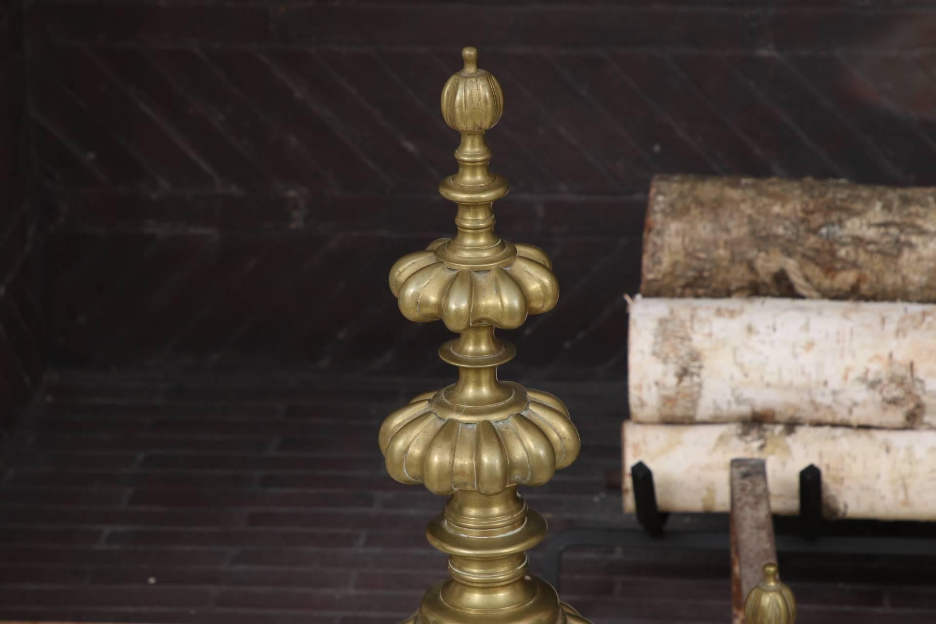 Pair of Massive Baroque Style Solid Brass Andirons In Good Condition For Sale In Bridgeport, CT