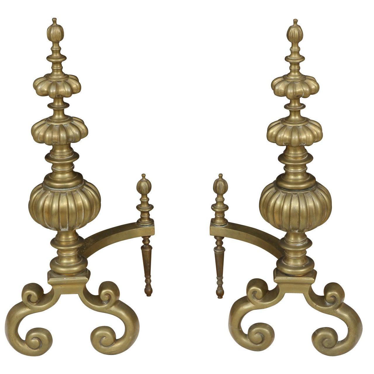 Pair of Massive Baroque Style Solid Brass Andirons For Sale