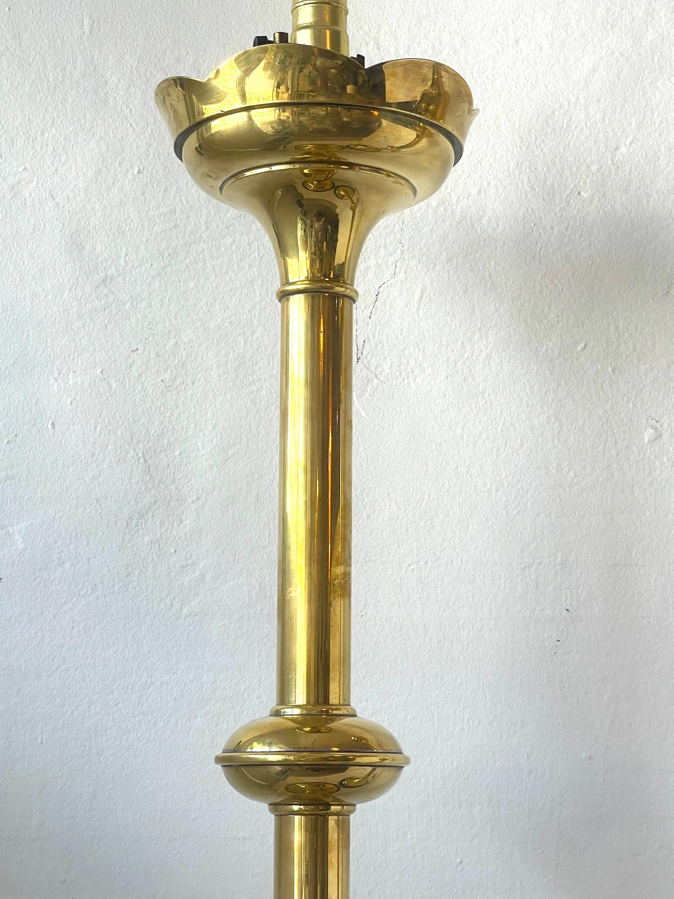 Polished Pair of Massive Brass 'Trumpet' Gothic Style Lamps For Sale