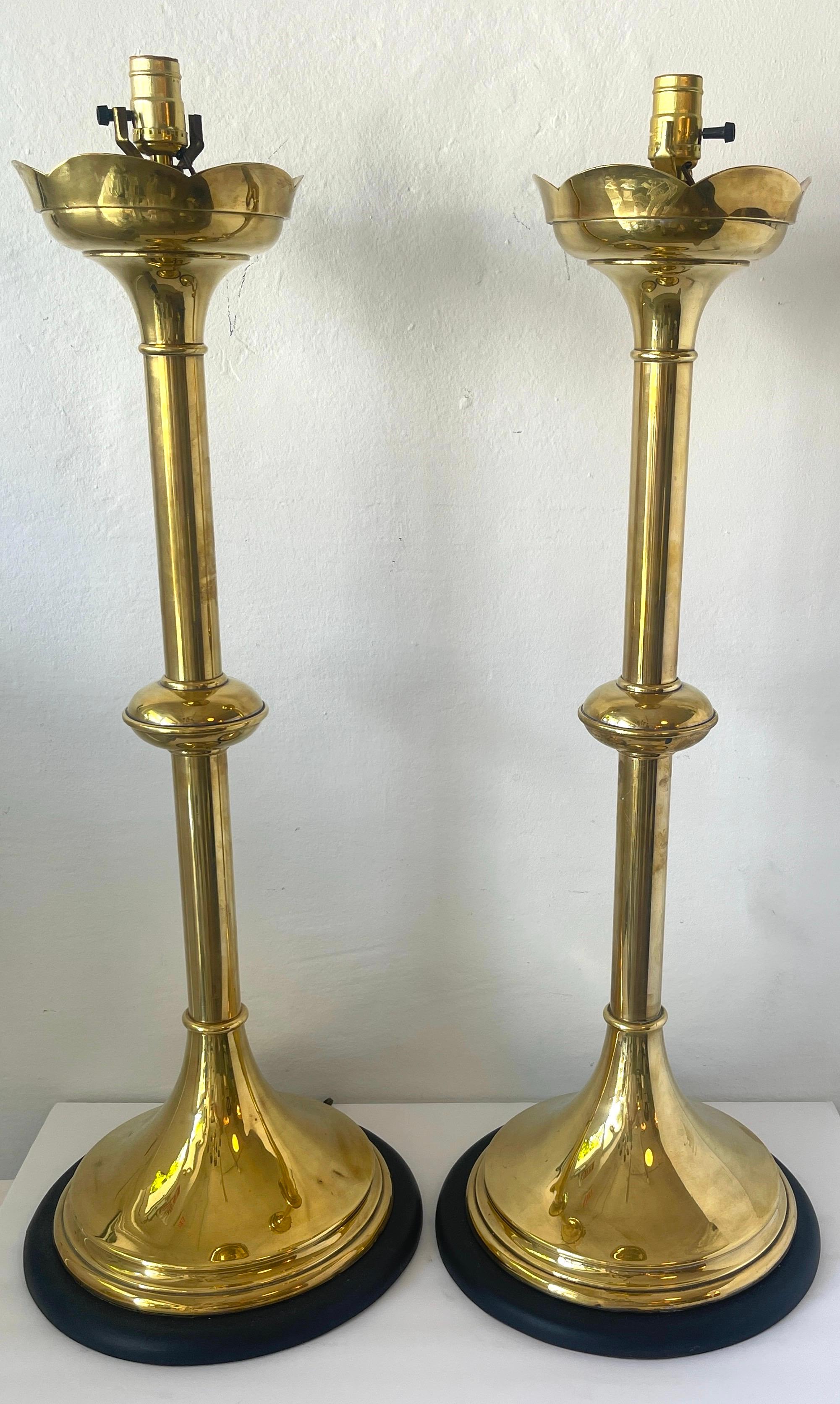 Pair of Massive Brass 'Trumpet' Gothic Style Lamps In Good Condition For Sale In West Palm Beach, FL