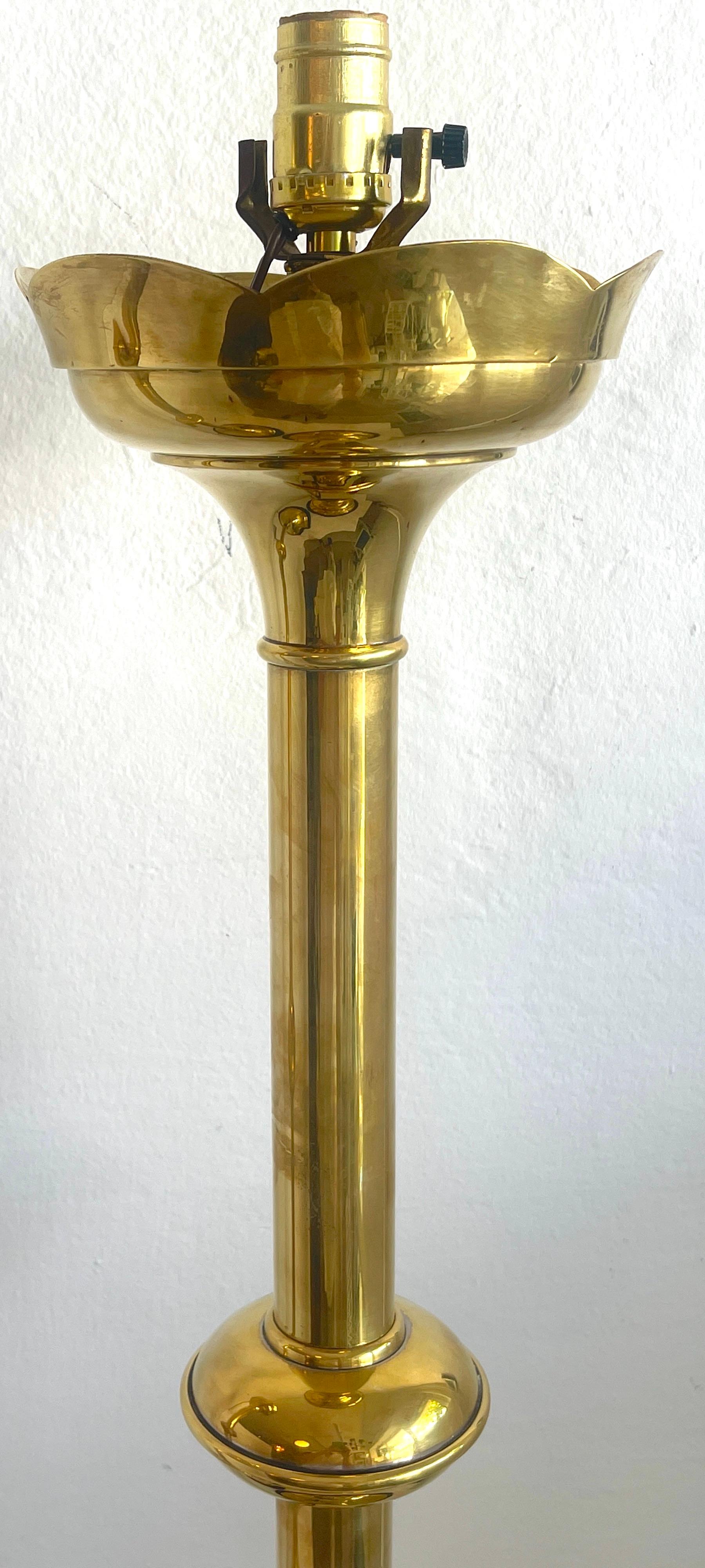 20th Century Pair of Massive Brass 'Trumpet' Gothic Style Lamps For Sale