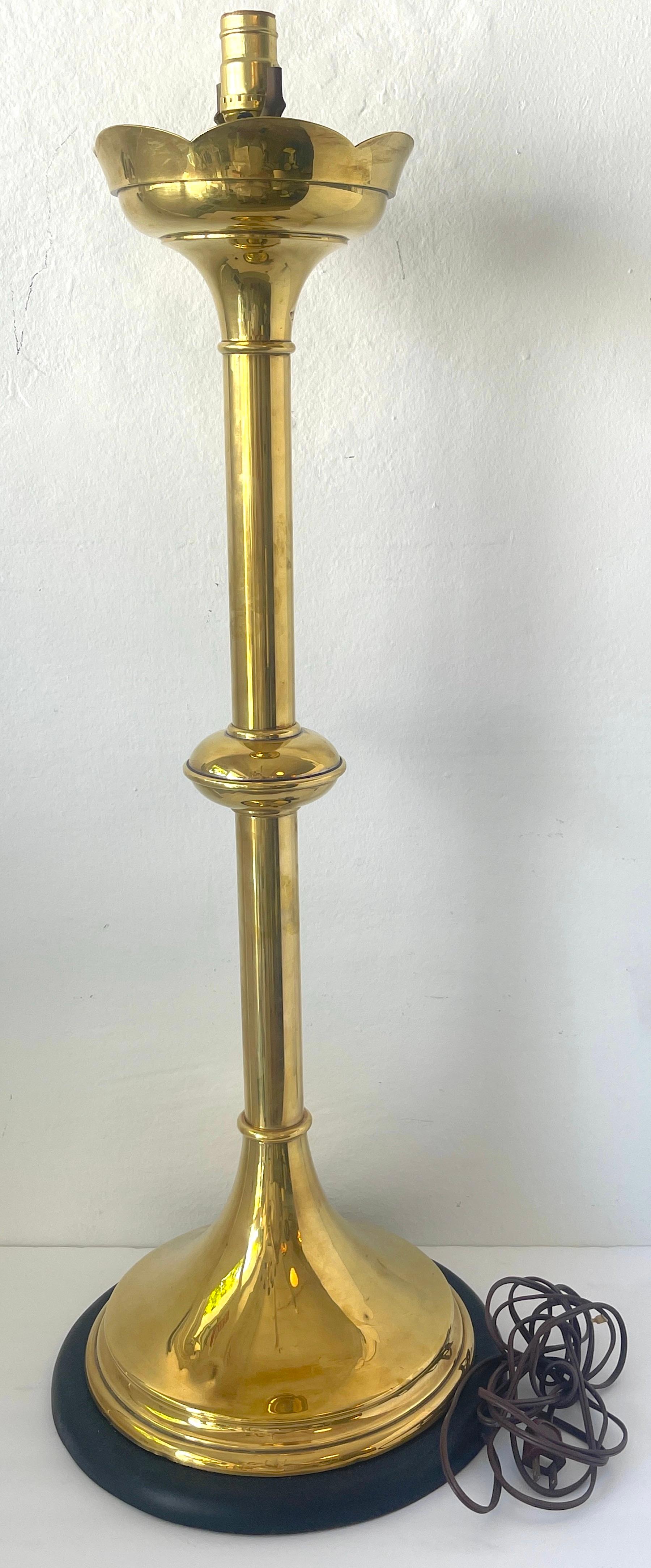 Wood Pair of Massive Brass 'Trumpet' Gothic Style Lamps For Sale