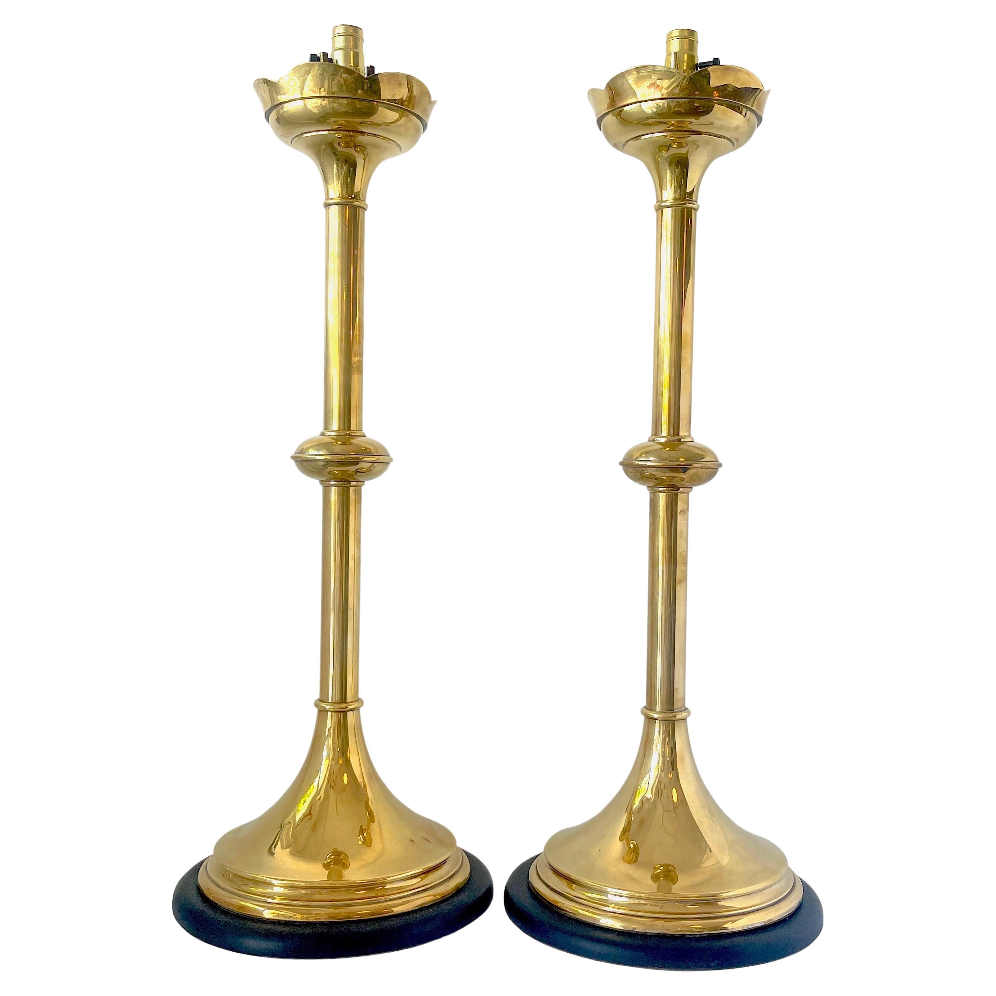 Pair of Massive Brass 'Trumpet' Gothic Style Lamps