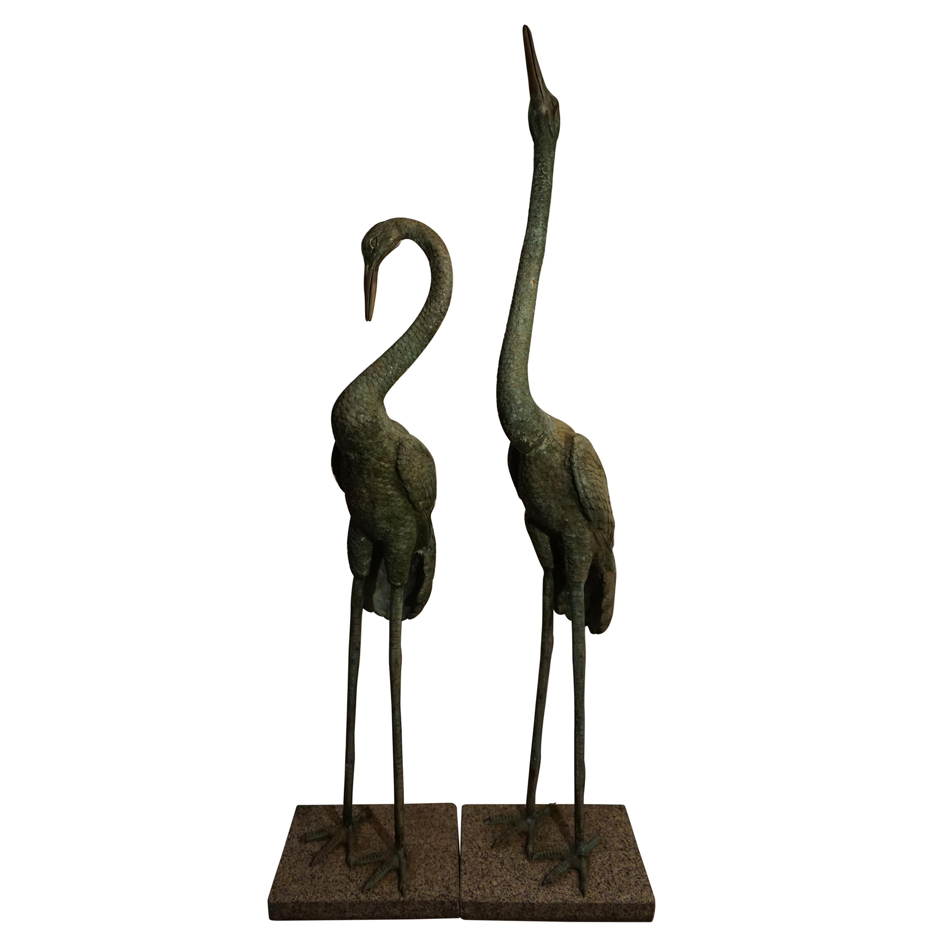 Pair of Massive Bronze Crane Sculptures For Sale