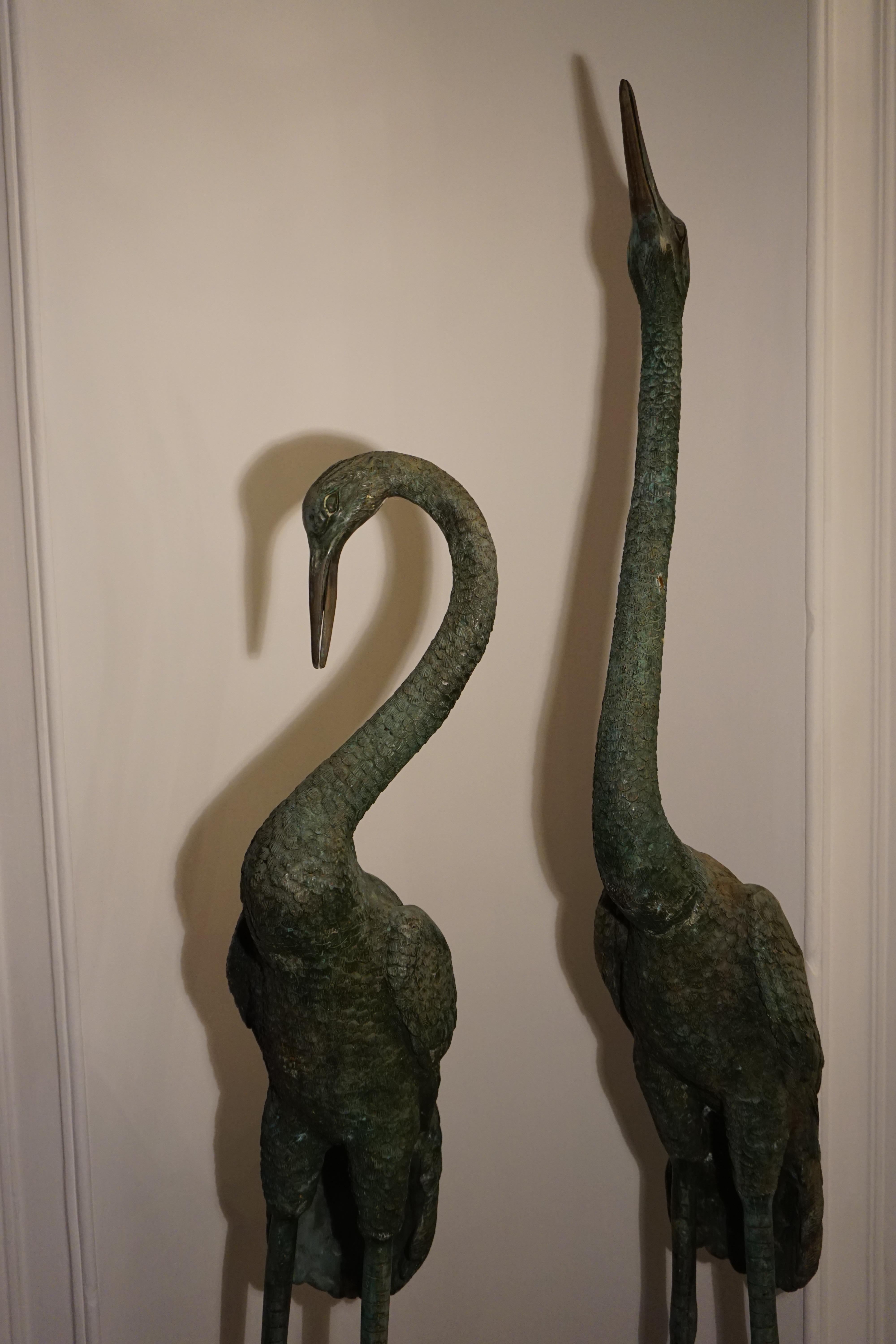Art Deco Pair of Massive Bronze Crane Sculptures For Sale