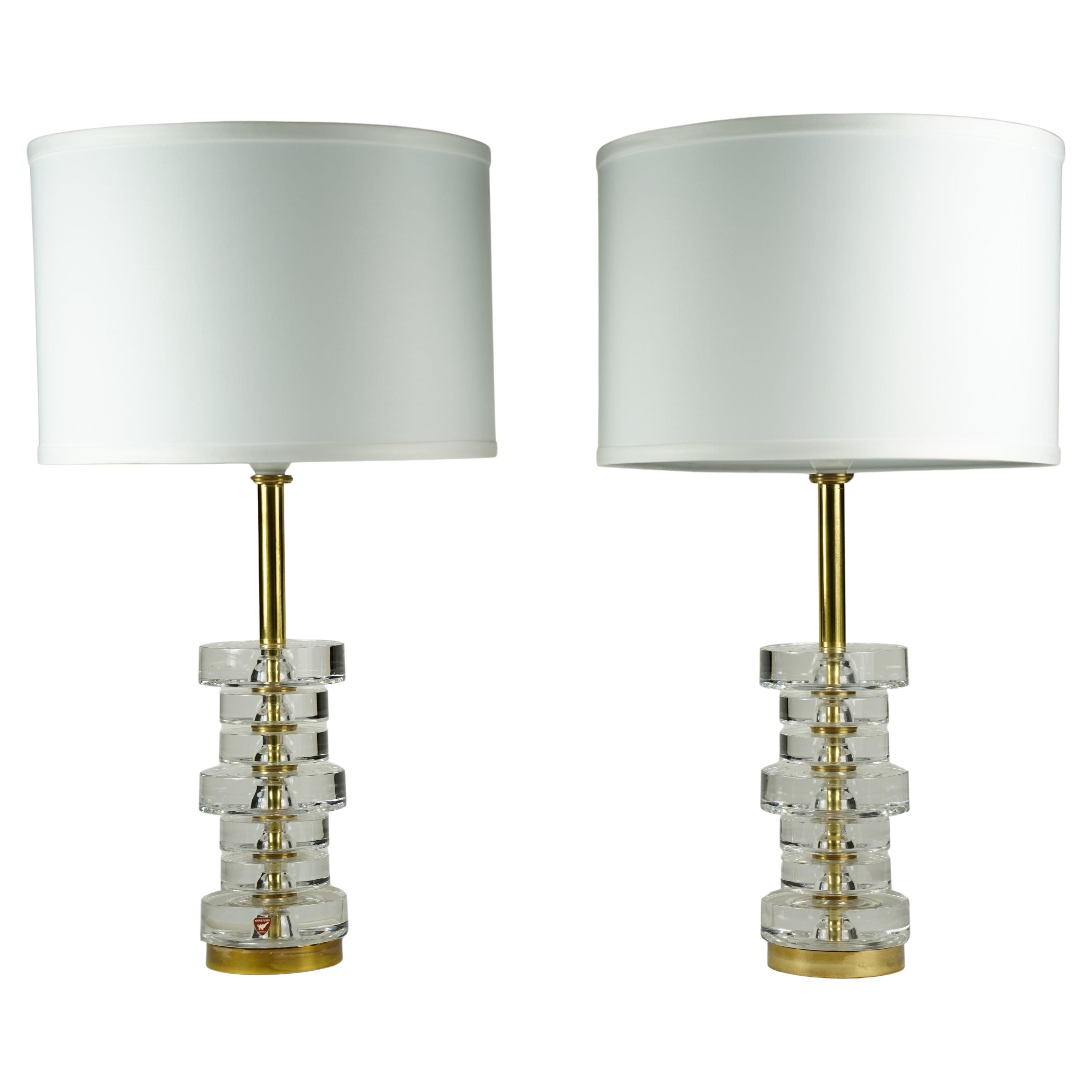 Pair of Carl Fagerlund Crystal Disc Orrefors Lamps, Carl Fagerlund, Sweden, 1970
