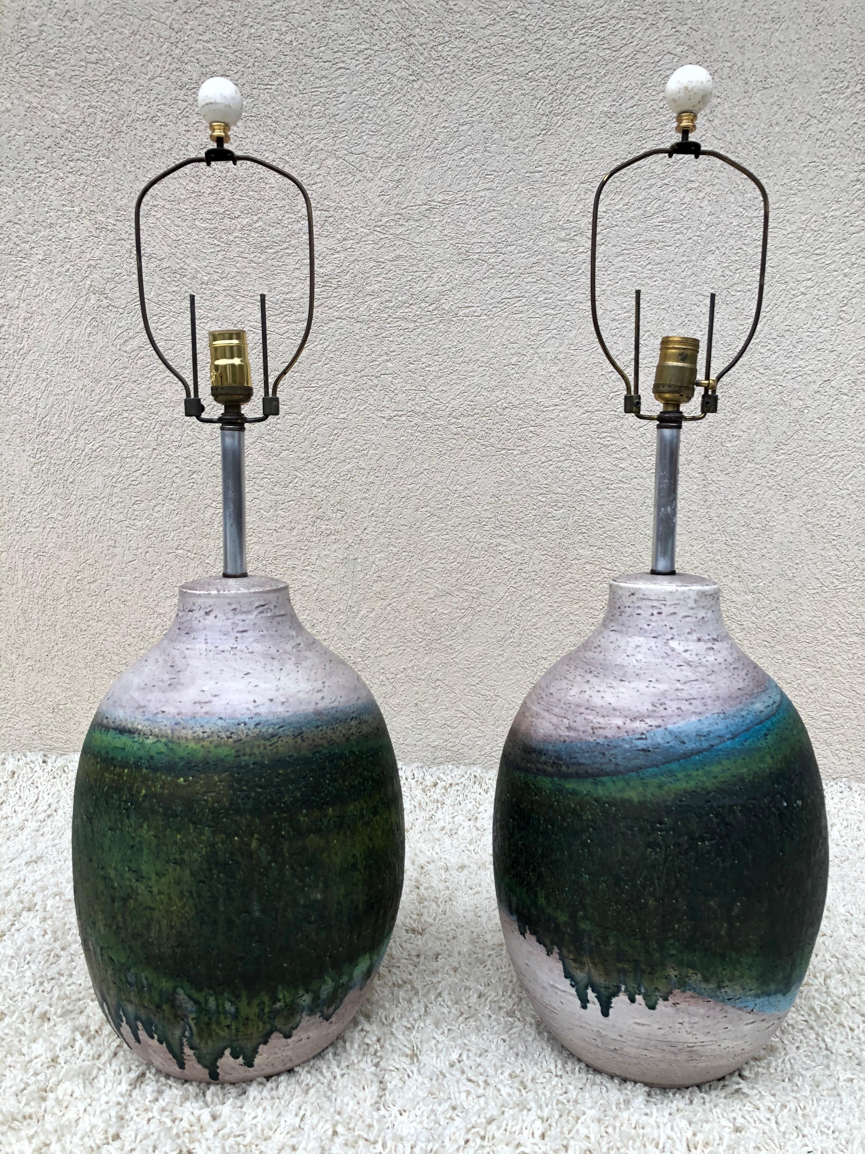Pair of Massive Fantoni Signed Ceramic Handmade Glazed Lamps 4
