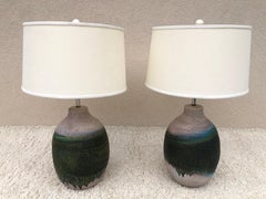 Pair of Massive Fantoni Signed Ceramic Handmade Glazed Lamps