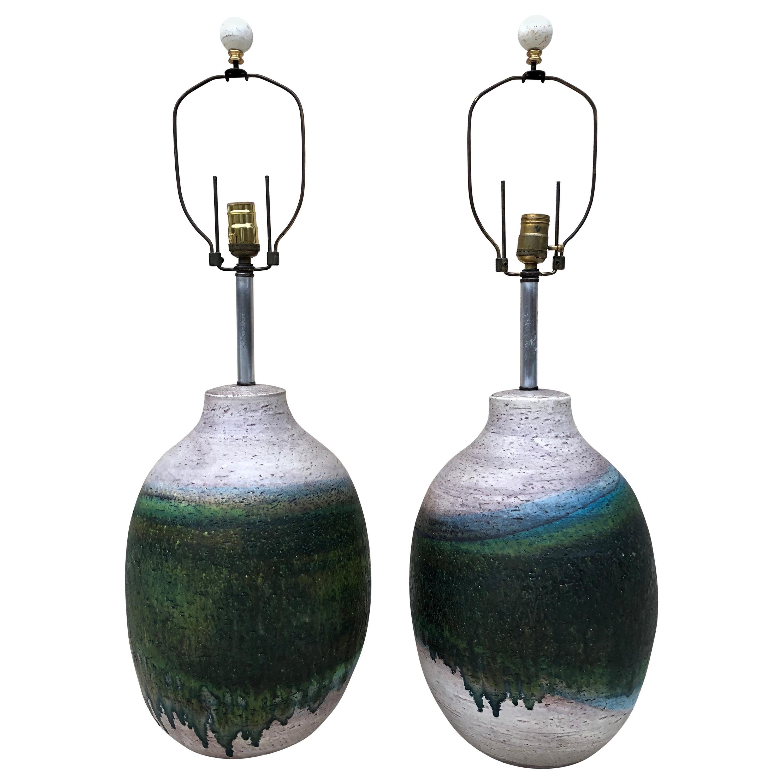 Pair of Massive Fantoni Signed Ceramic Handmade Glazed Lamps