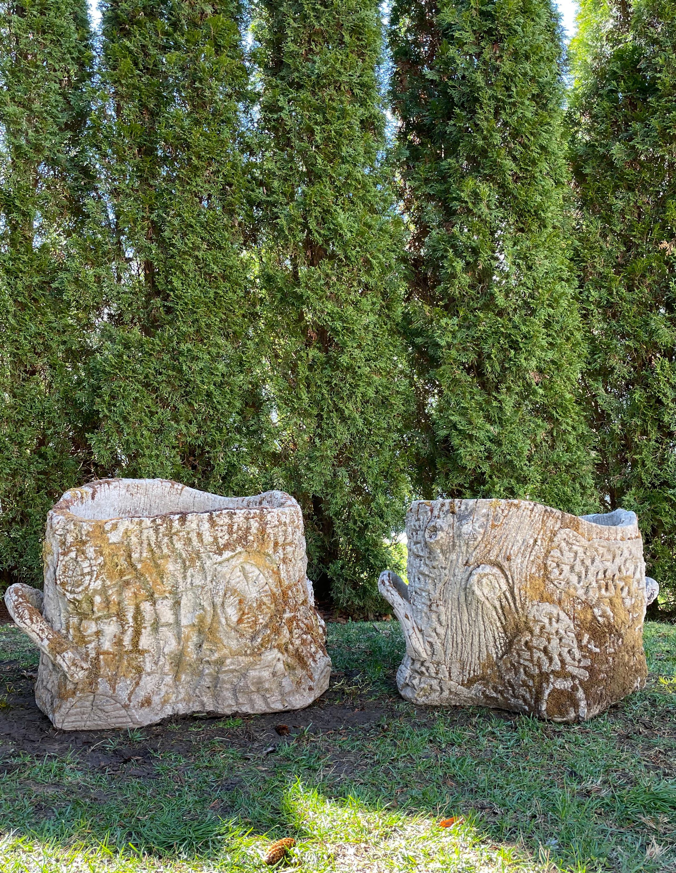 In all our years of sourcing garden antiques, we have never come across a pair off such massive and mossy faux bois planters! Hand-made from sculpted concrete over an iron armature, these beauties are in incredible condition and date to the