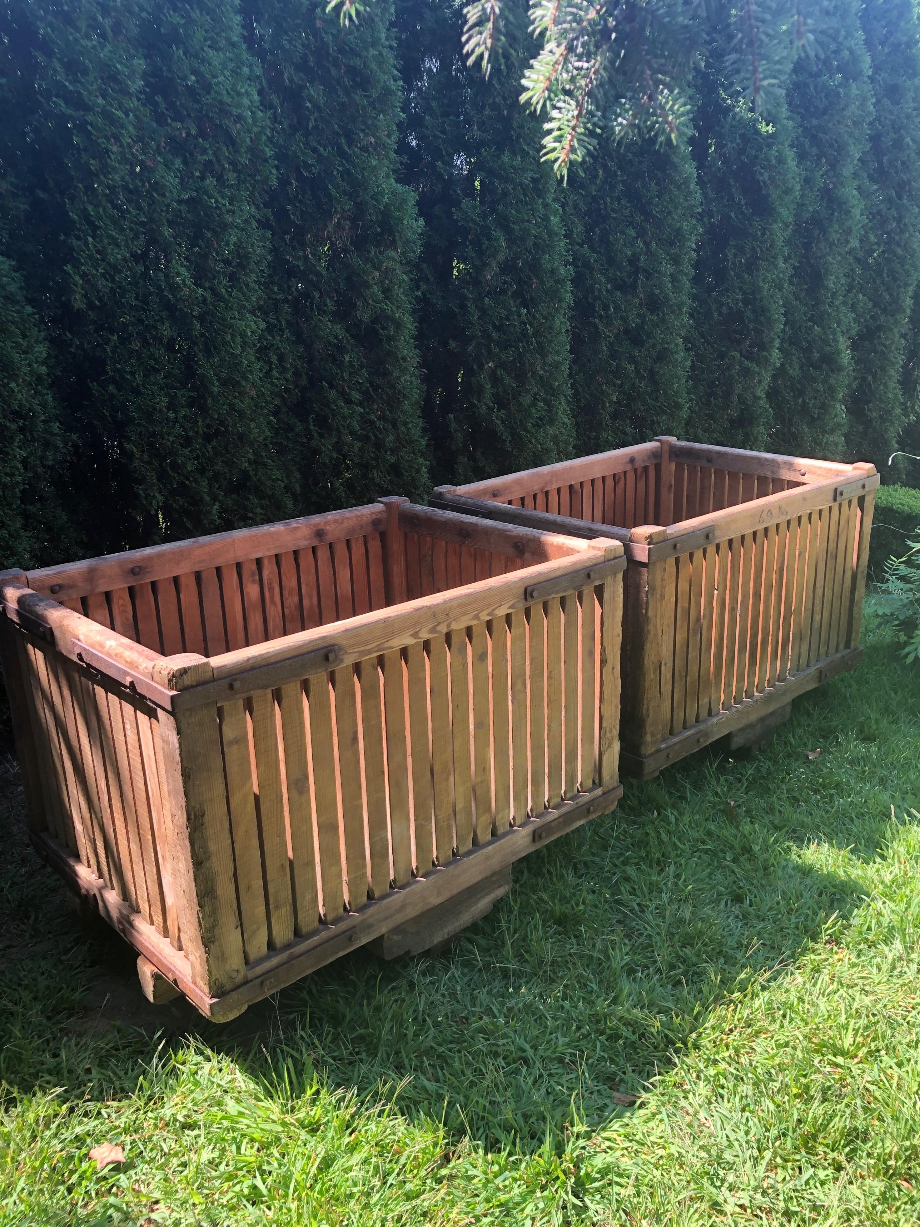 We bought these wonderful pine laundry bins on wheels with the idea of using them as massive planters. In great condition, and with their original hardware, they could easily be converted into planters with the addition of custom fiberglass liners