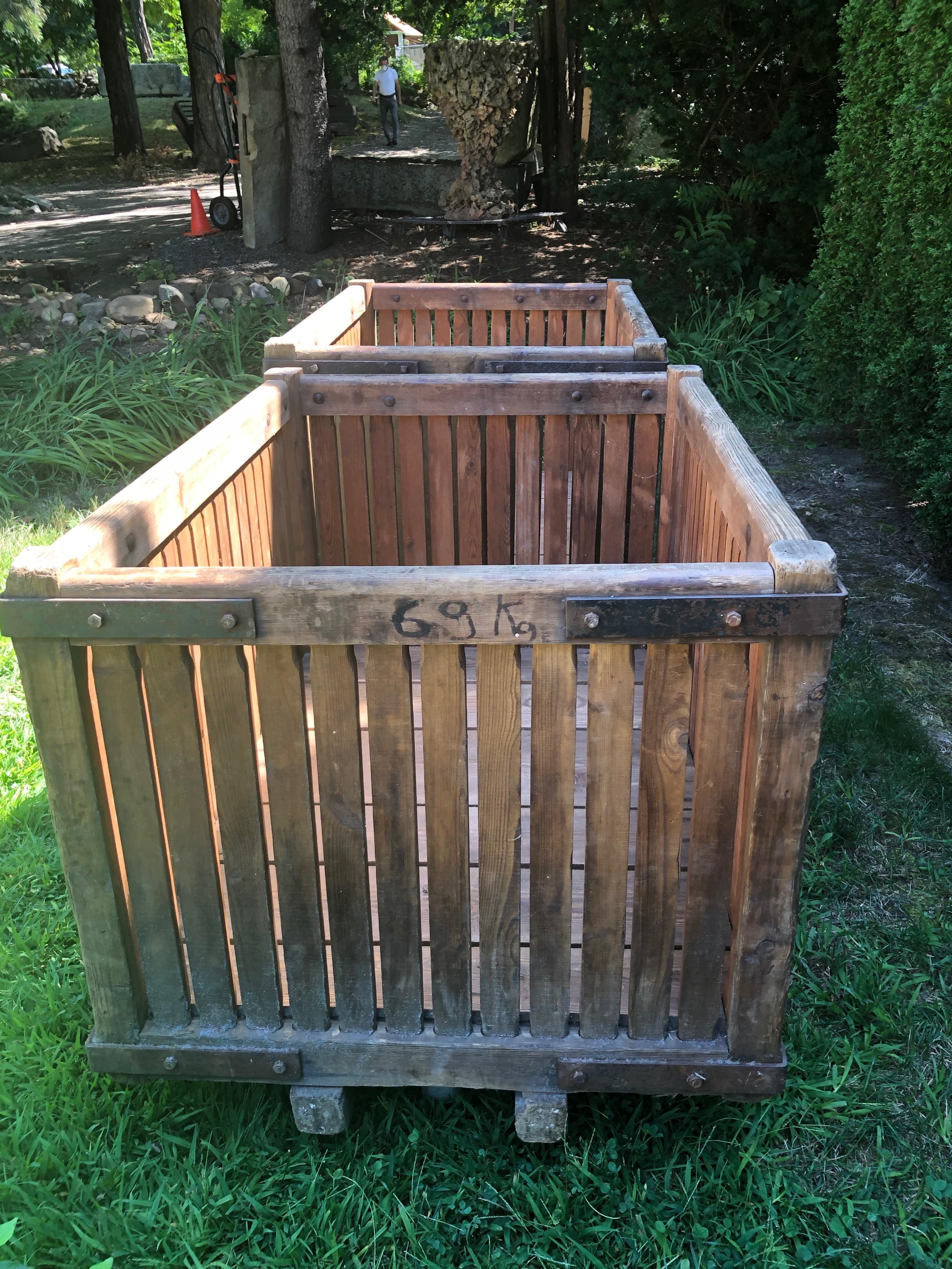 Pair of Massive French Pine Laundry Bins on Wheels as Planters In Good Condition For Sale In Woodbury, CT