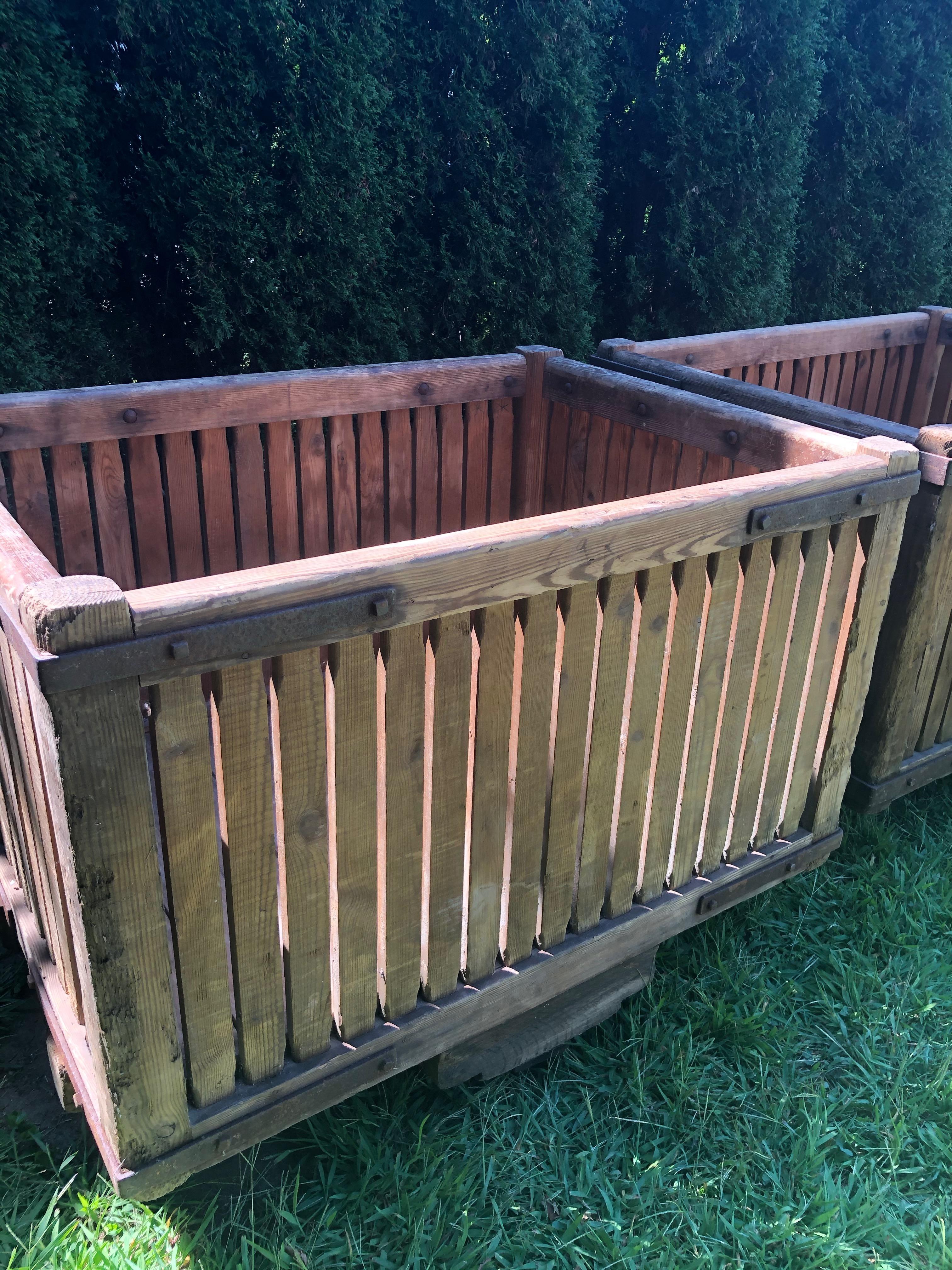 Steel Pair of Massive French Pine Laundry Bins on Wheels as Planters For Sale