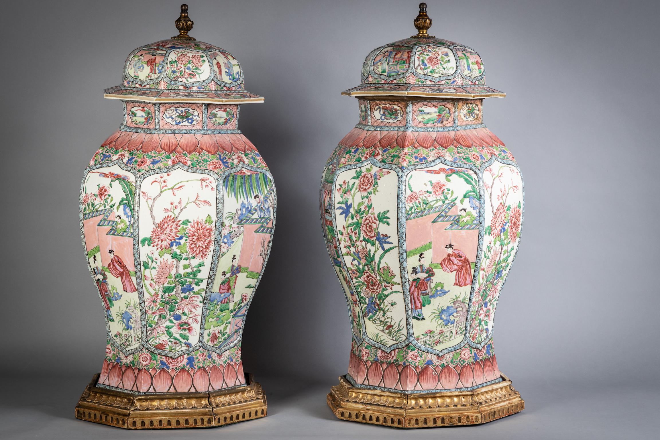 Pair of Massive French Porcelain Famille Rose Chinoiserie Covered Urns 3