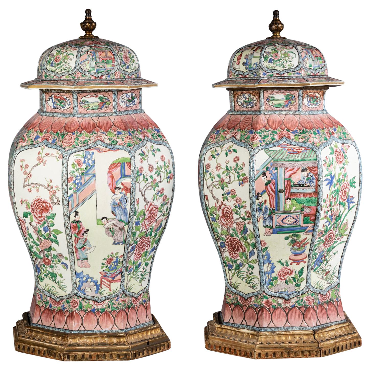 Pair of Massive French Porcelain Famille Rose Chinoiserie Covered Urns