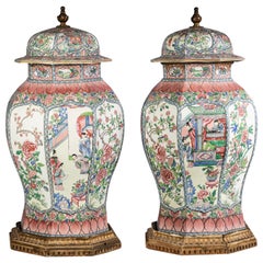 Pair of Massive French Porcelain Famille Rose Chinoiserie Covered Urns
