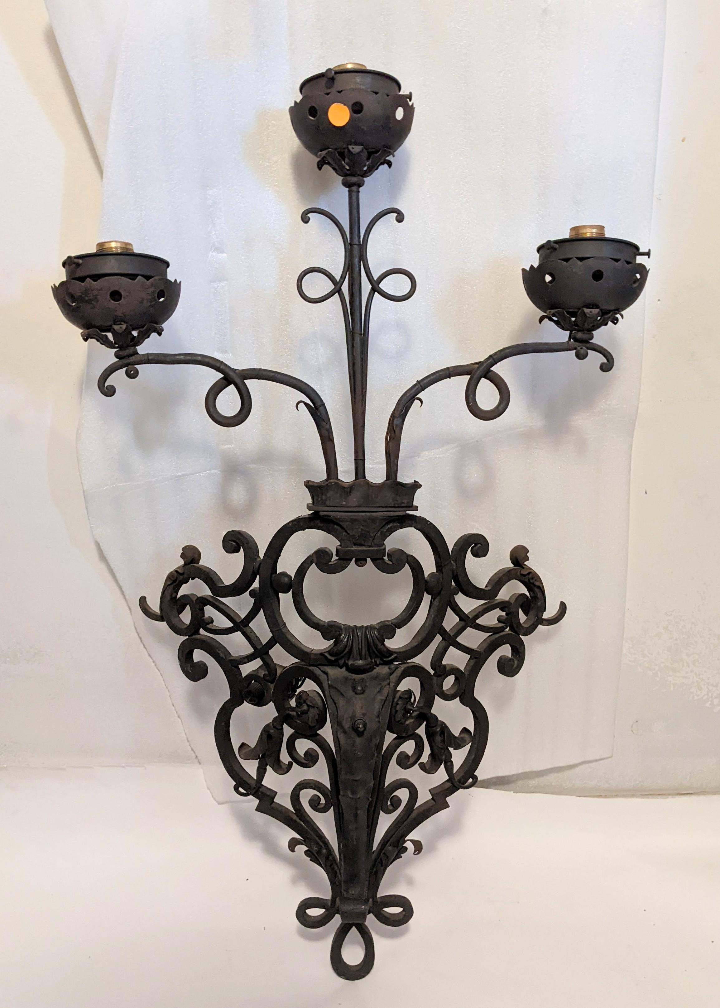 Pair of Massive French Wrought Iron Sconces with Frosted Flame Globes For Sale 6
