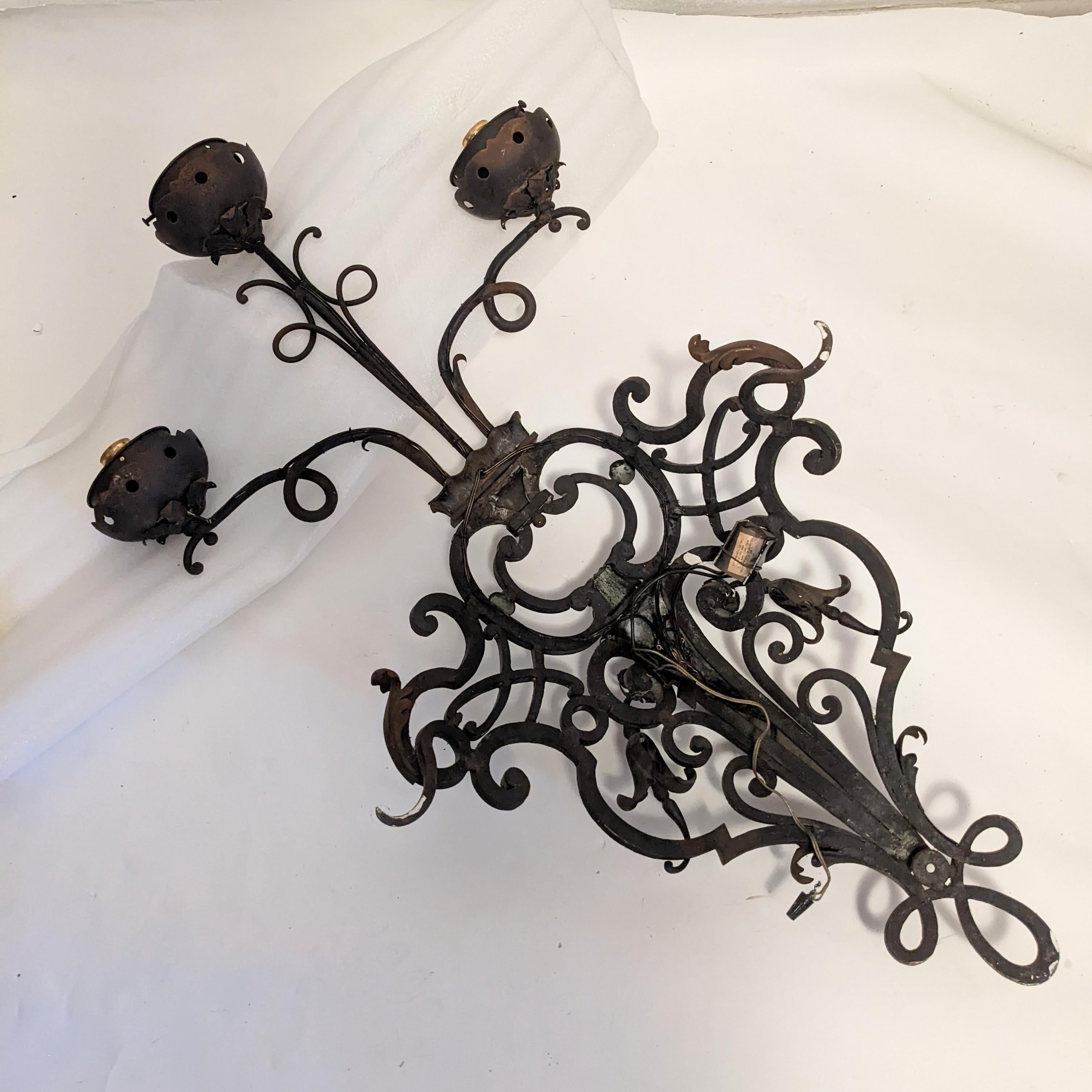 Pair of Massive French Wrought Iron Sconces with Frosted Flame Globes For Sale 9