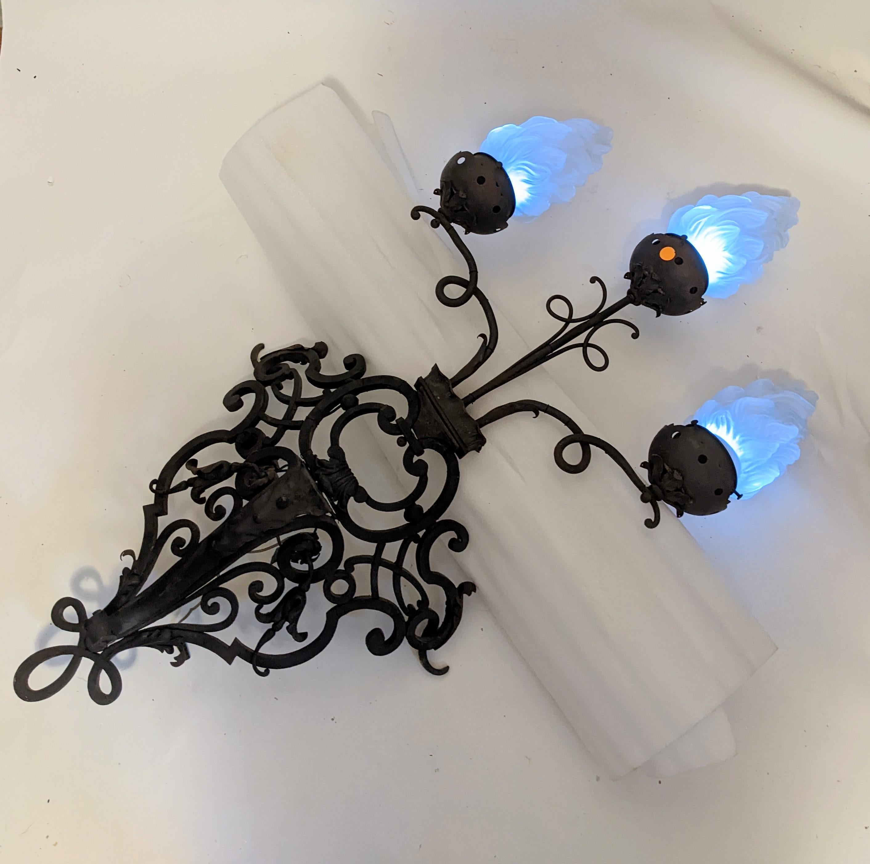 Pair of Massive French Wrought Iron Sconces with Frosted Flame Globes For Sale 11