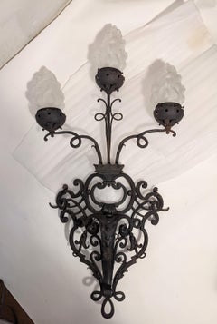 Pair of Massive French Wrought Iron Sconces with Frosted Flame Globes