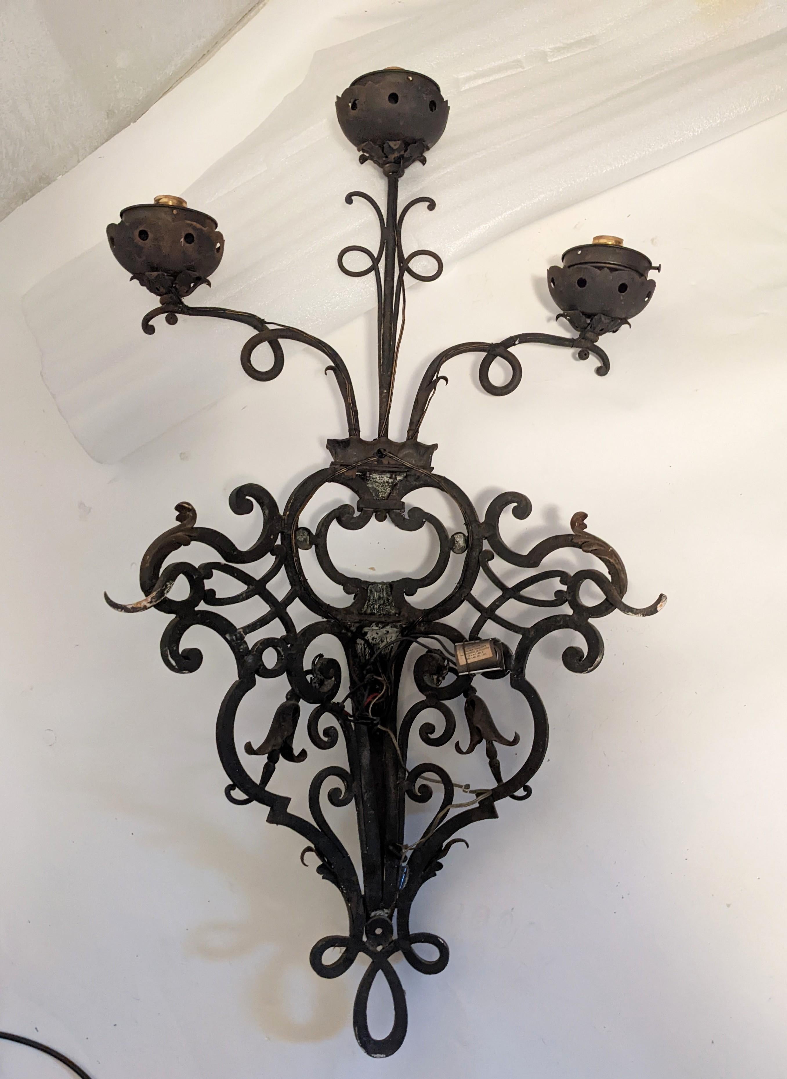 Pair of Massive French Wrought Iron Sconces with Frosted Flame Globes For Sale 1