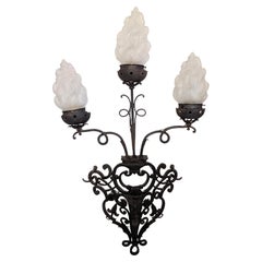 Vintage Pair of Massive French Wrought Iron Sconces with Frosted Flame Globes