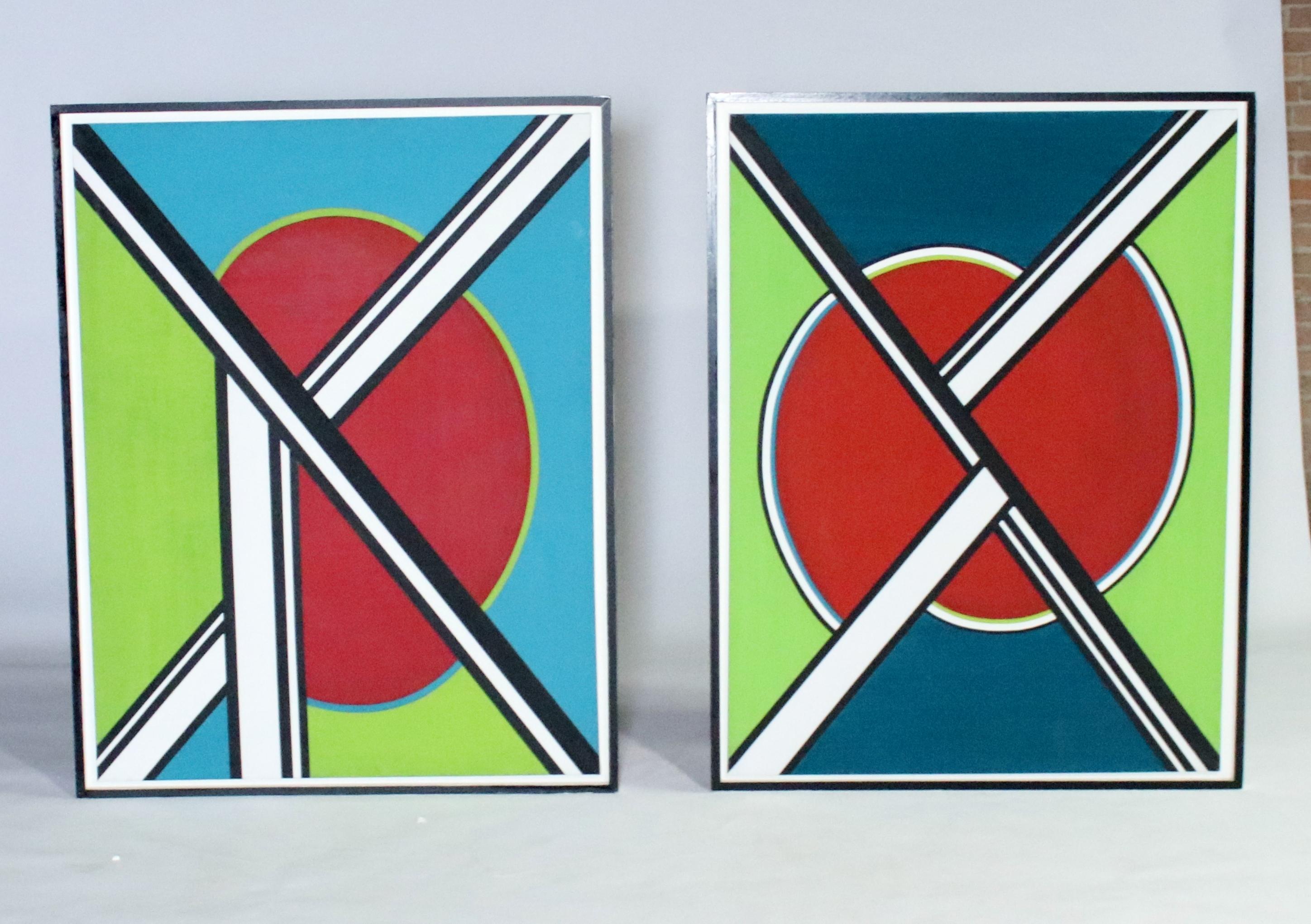 A pair of 20th century original, framed abstract acrylic on canvas paintings in a geometric design. Titled 