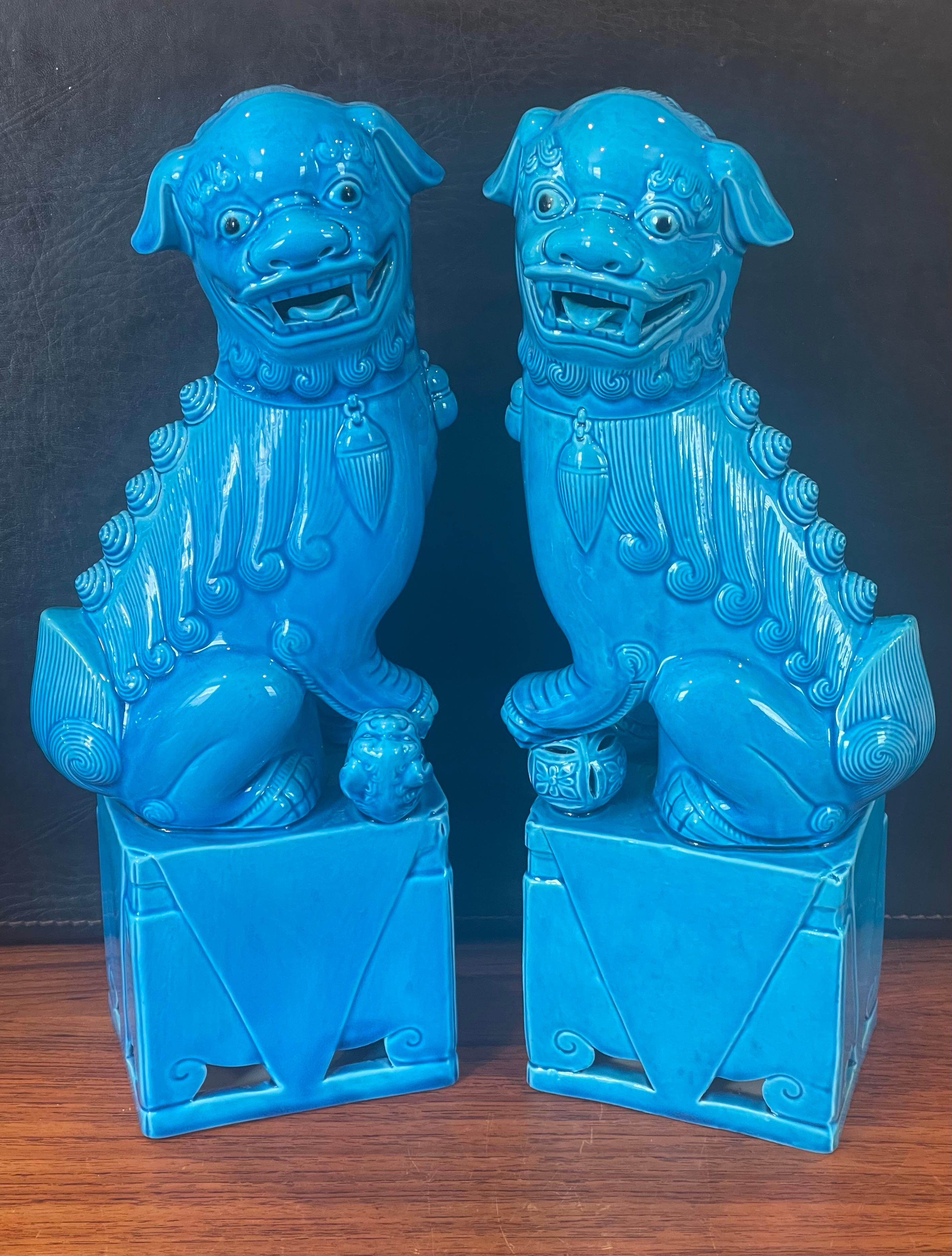 Pair of Massive Mid-Century Turquoise Blue Ceramic Foo Dog Sculptures 3