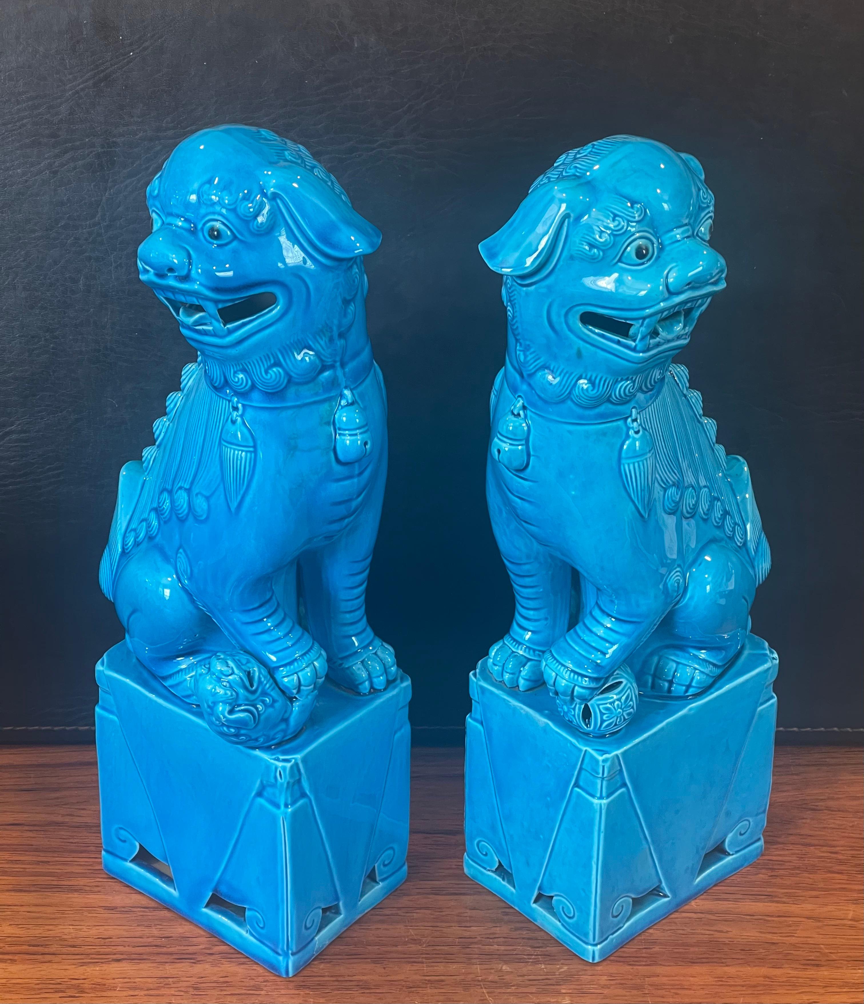 Pair of Massive Mid-Century Turquoise Blue Ceramic Foo Dog Sculptures 4
