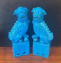 Pair of Massive Mid-Century Turquoise Blue Ceramic Foo Dog Sculptures