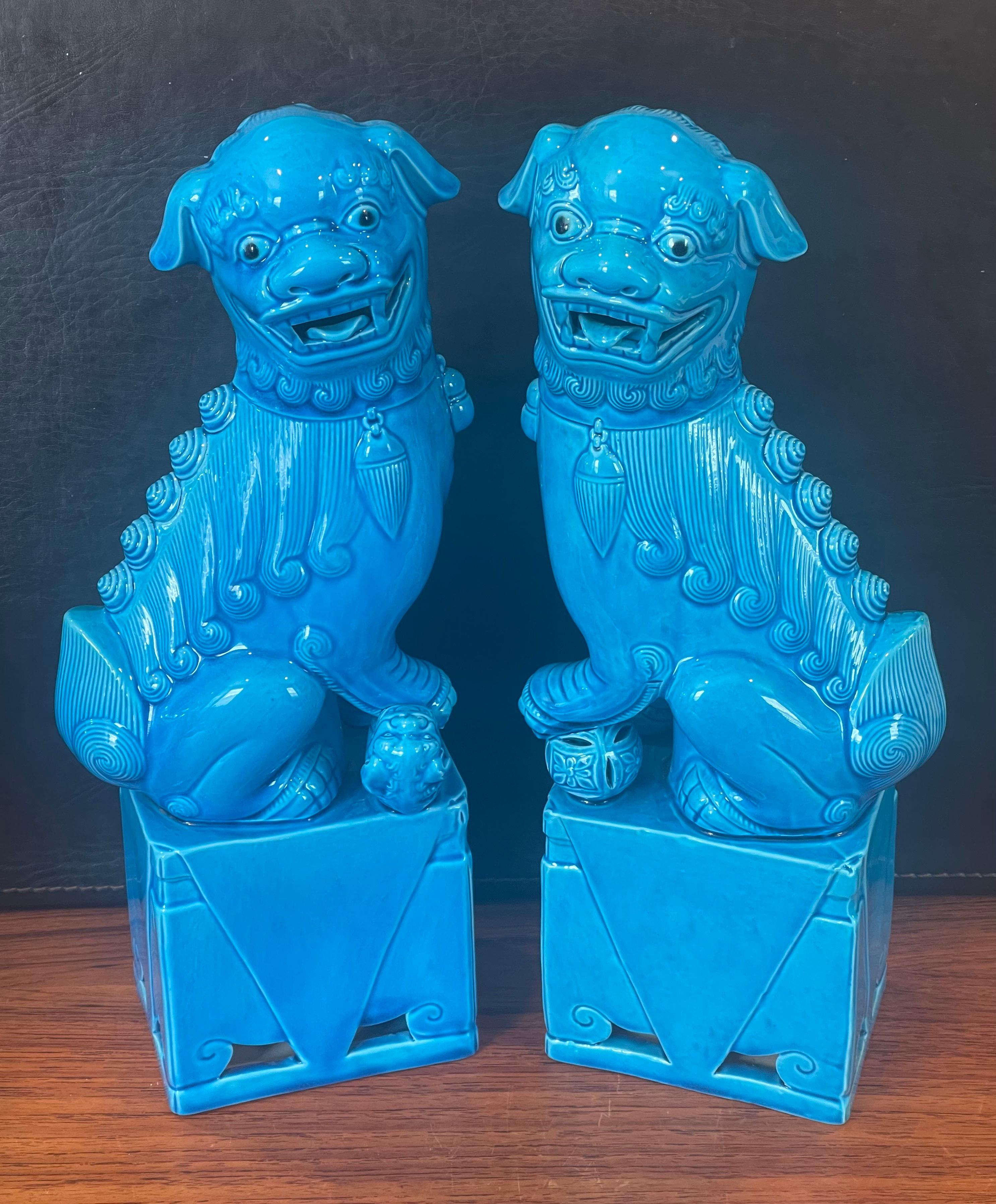 Hollywood Regency Pair of Massive Mid-Century Turquoise Blue Ceramic Foo Dog Sculptures