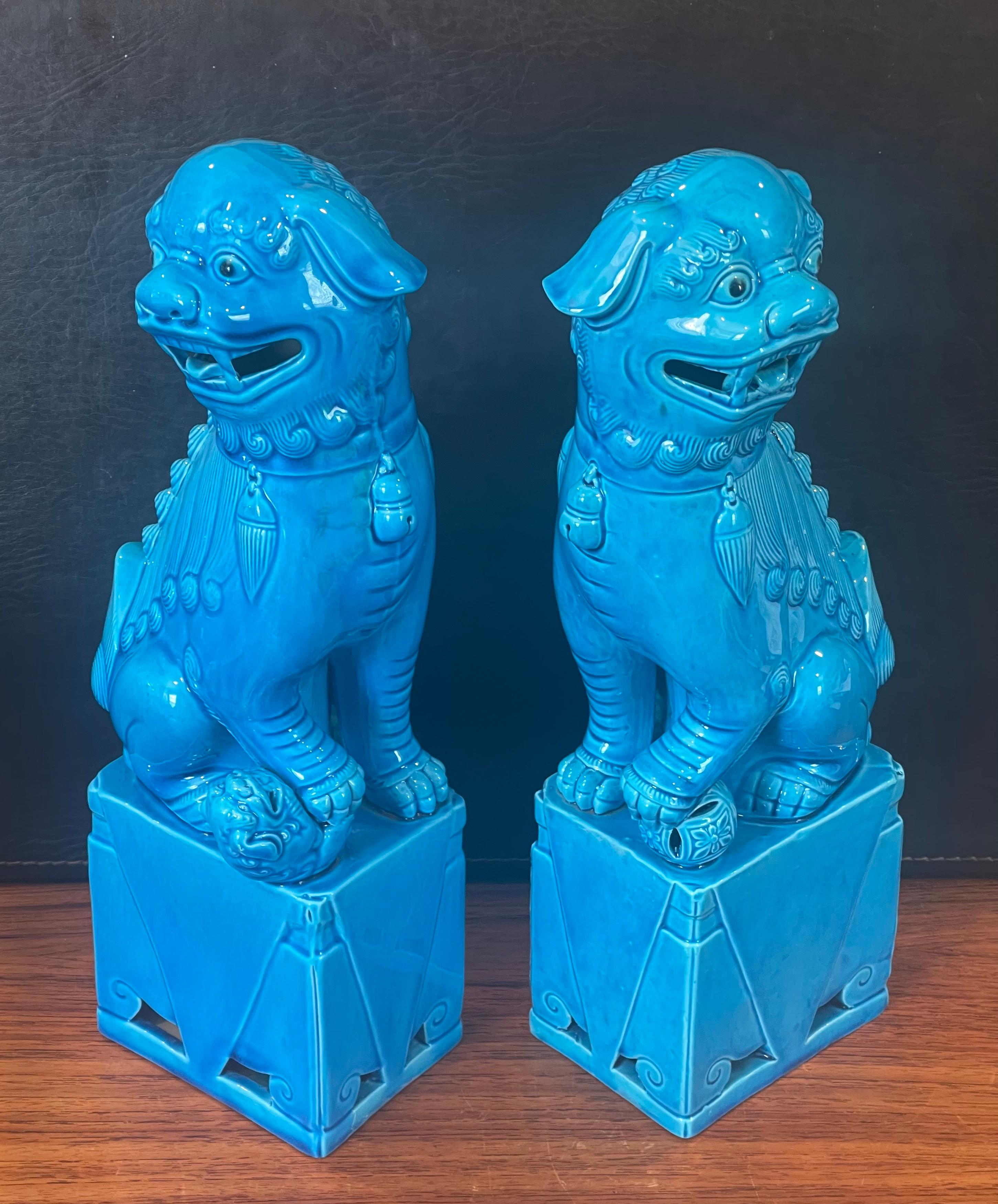 Chinese Pair of Massive Mid-Century Turquoise Blue Ceramic Foo Dog Sculptures