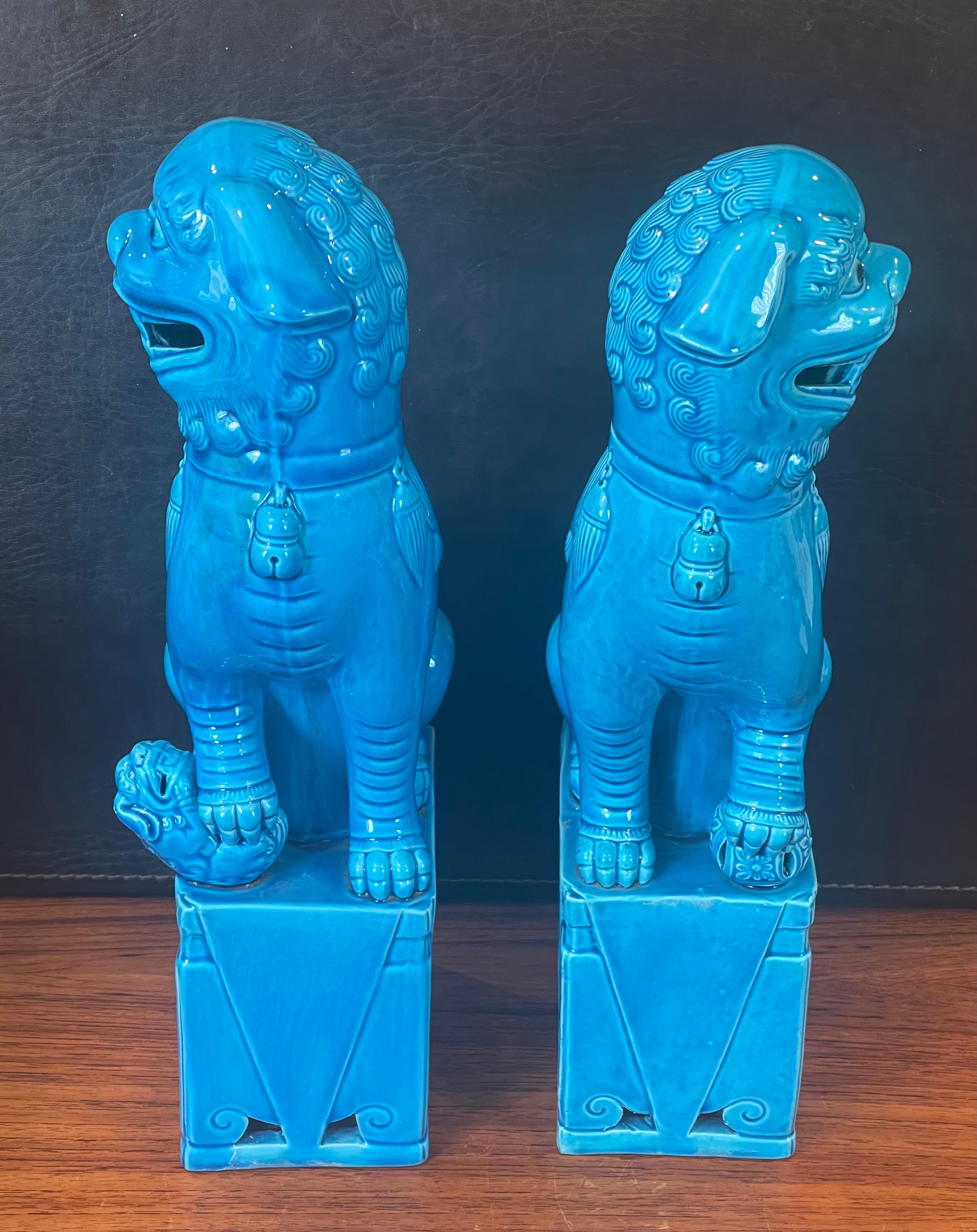 Hand-Crafted Pair of Massive Mid-Century Turquoise Blue Ceramic Foo Dog Sculptures