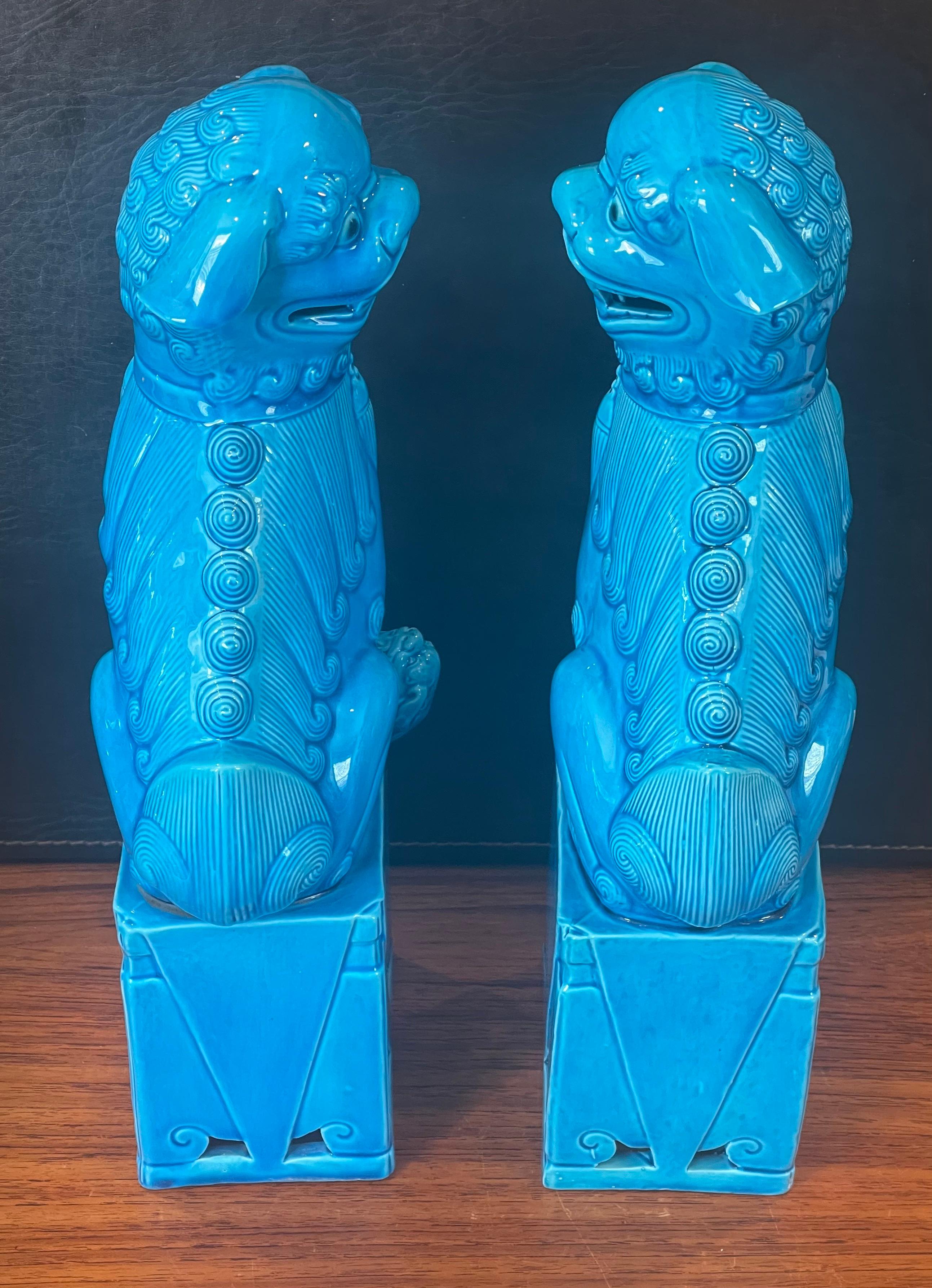 20th Century Pair of Massive Mid-Century Turquoise Blue Ceramic Foo Dog Sculptures