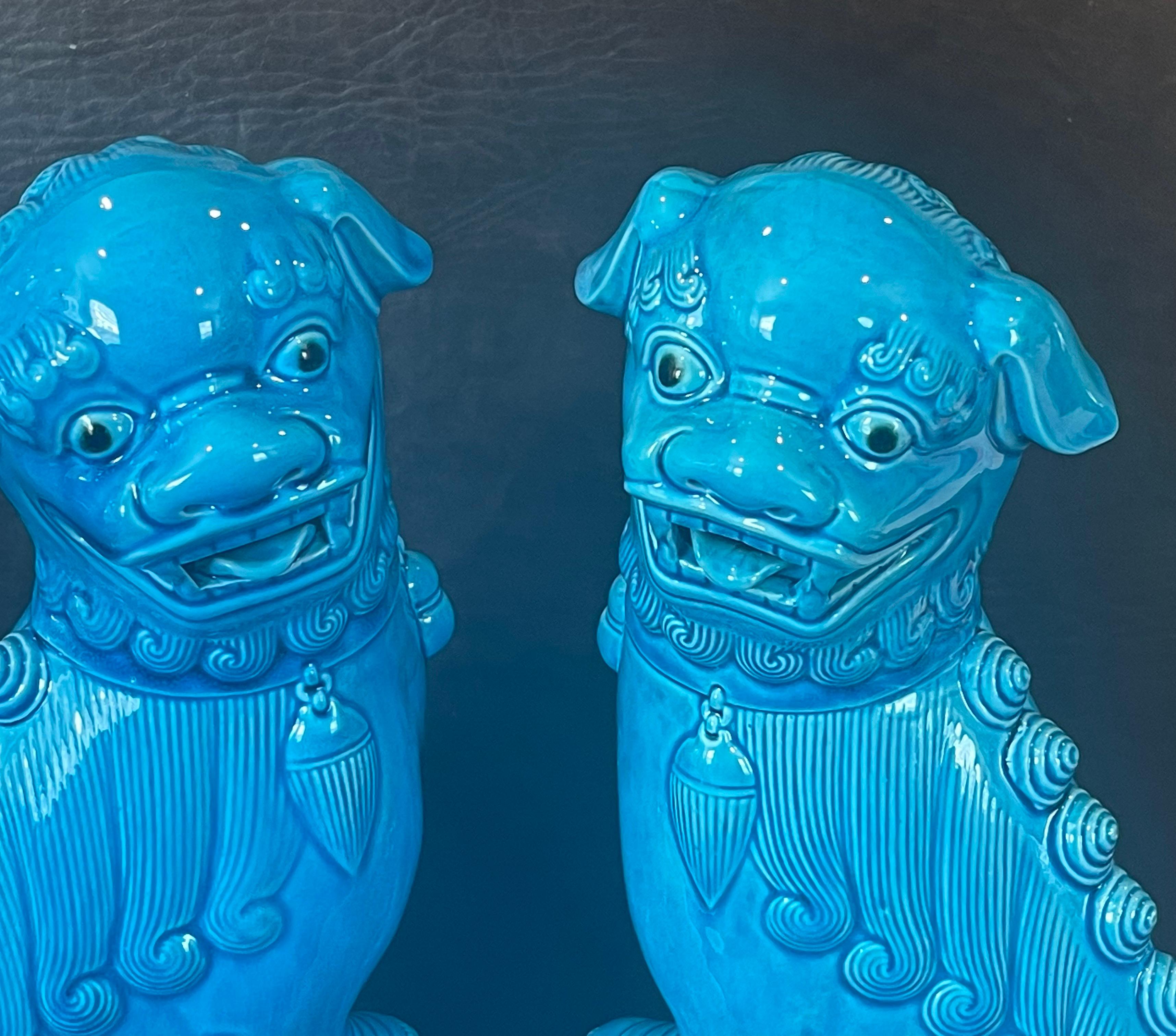 Pair of Massive Mid-Century Turquoise Blue Ceramic Foo Dog Sculptures 1