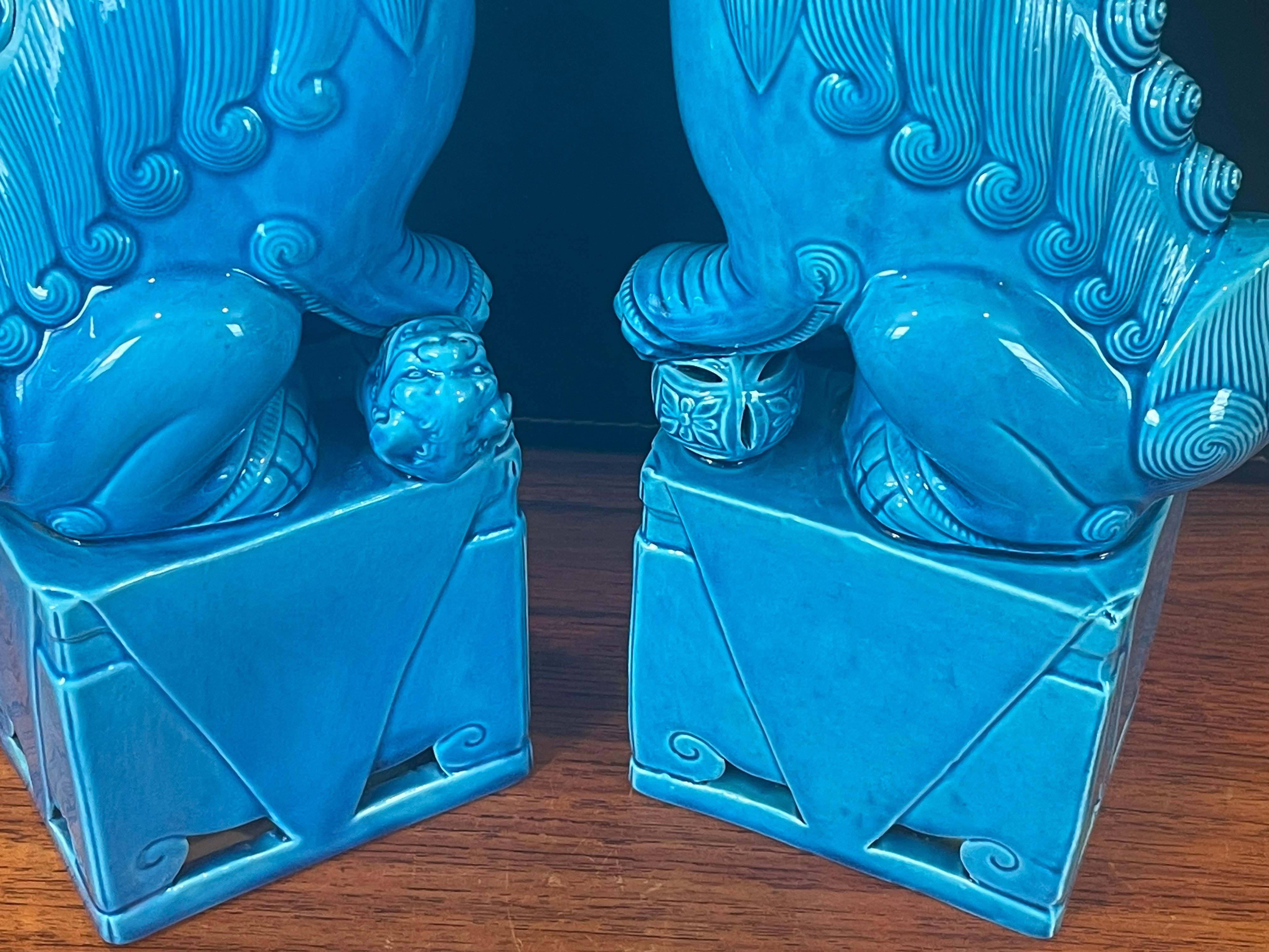 Pair of Massive Mid-Century Turquoise Blue Ceramic Foo Dog Sculptures 2