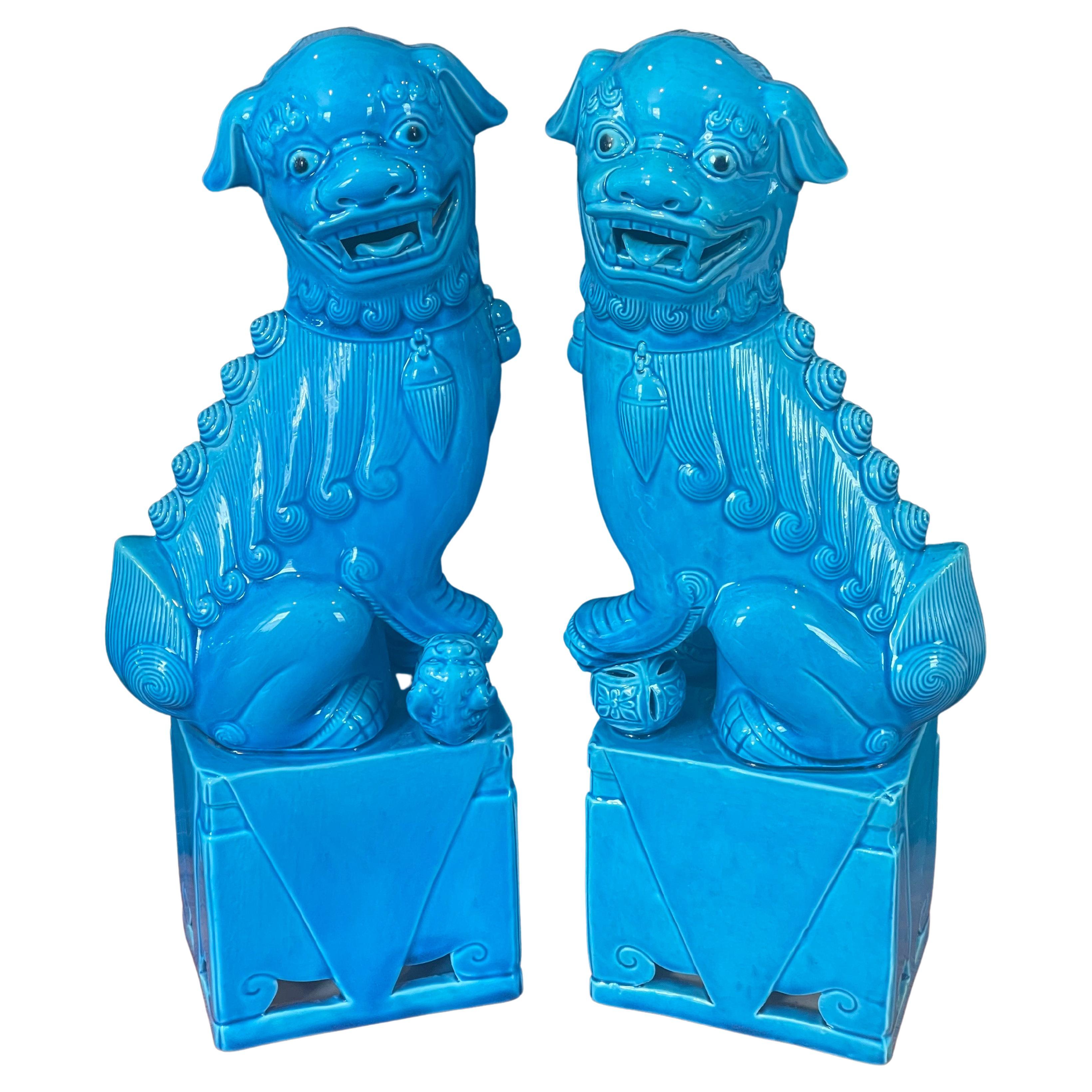 Pair of Massive Mid-Century Turquoise Blue Ceramic Foo Dog Sculptures