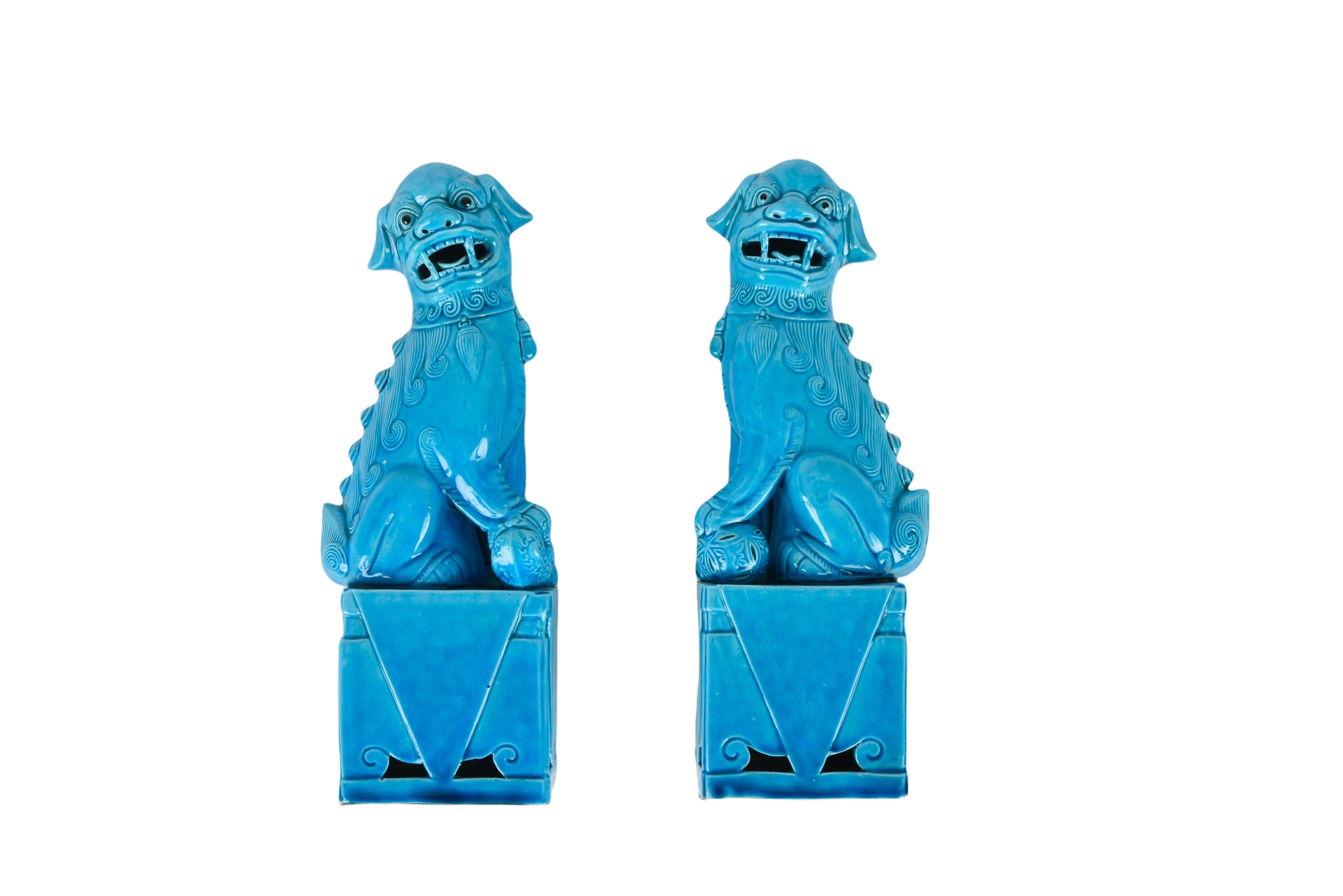 Pair of Massive Mid-Century Turquoise Blue Ceramic Foo Dogs Sculptures 1960s 2