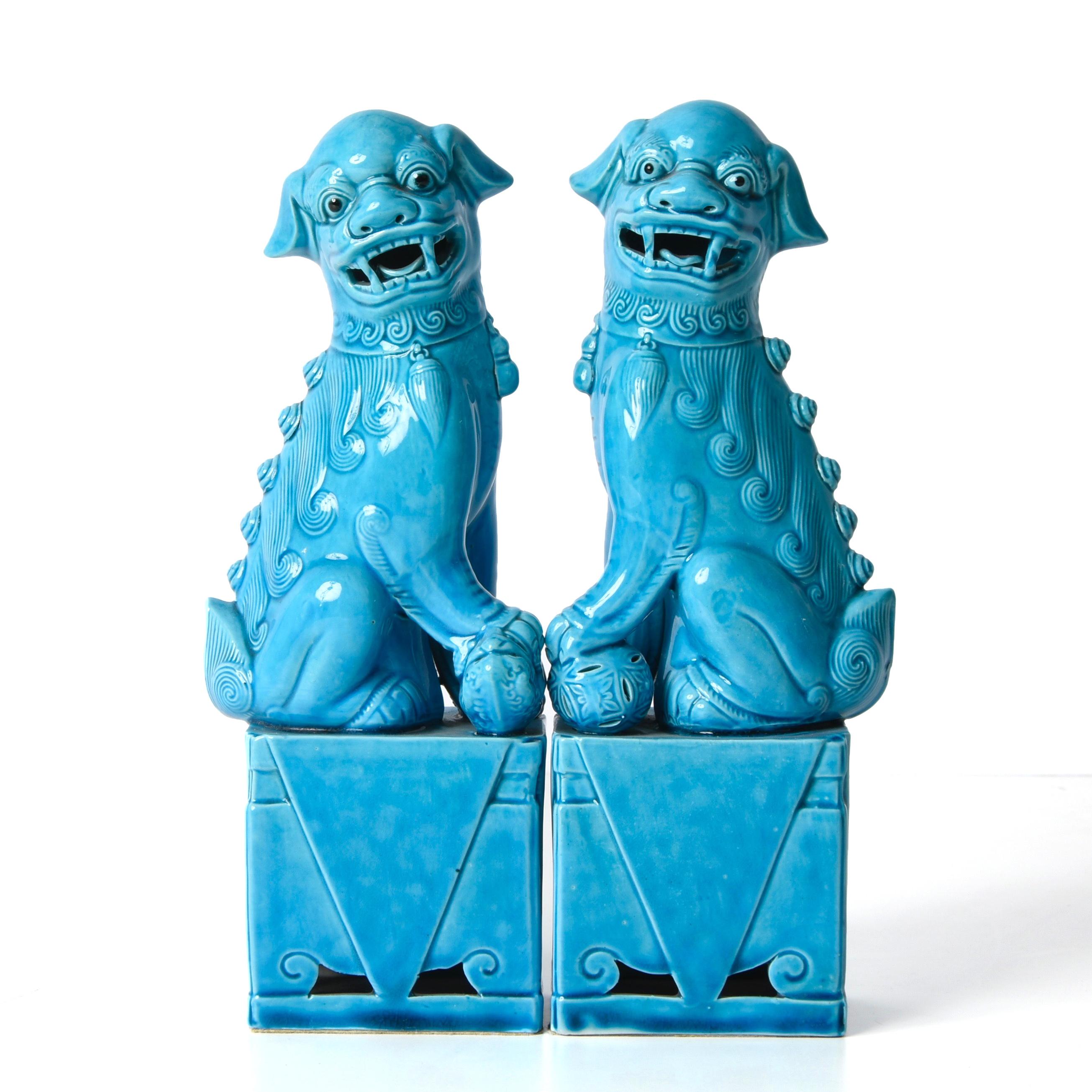 Pair of Massive Mid-Century Turquoise Blue Ceramic Foo Dogs Sculptures 1960s 6